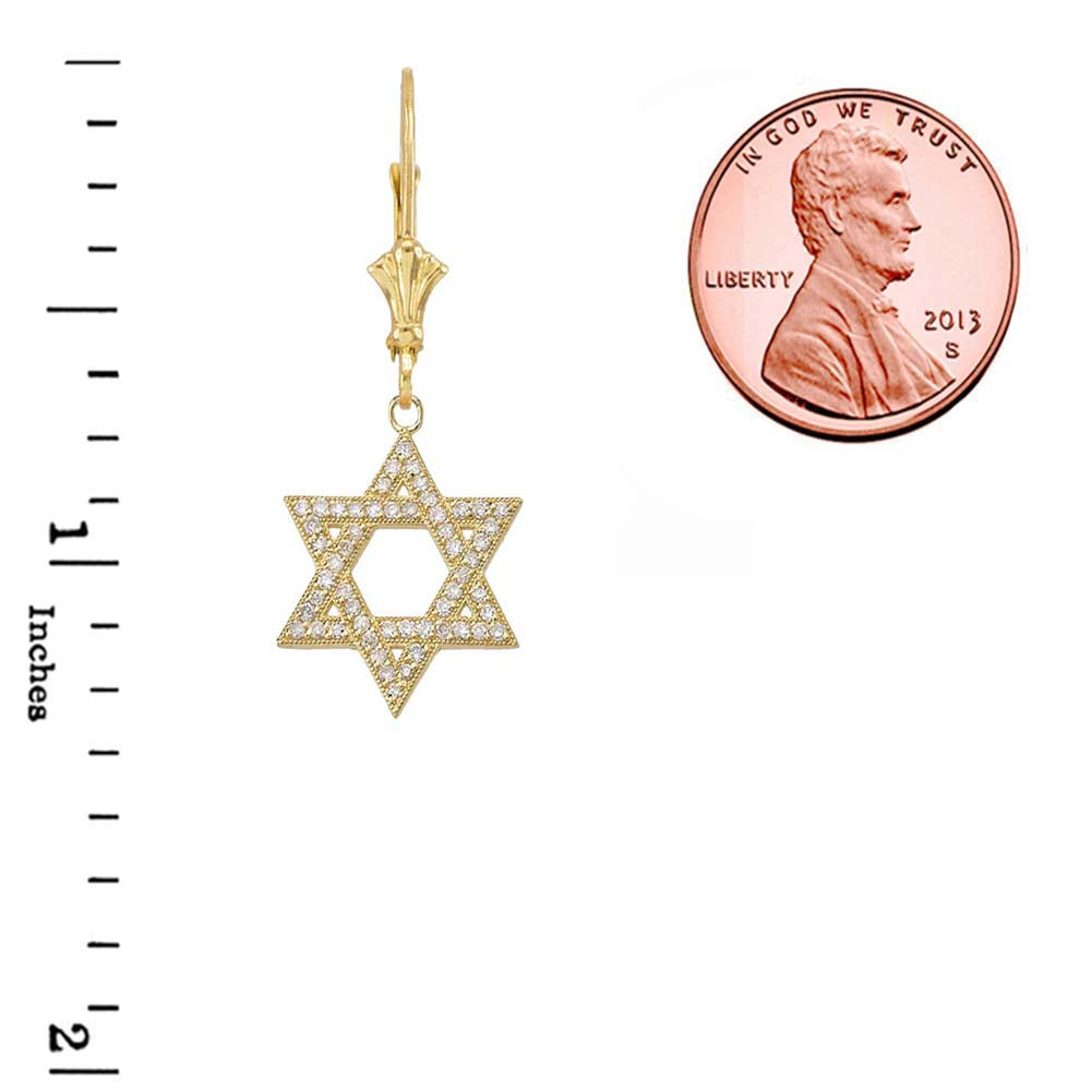 Yellow Gold Diamond Jewish Star Of David Earrings, view 2