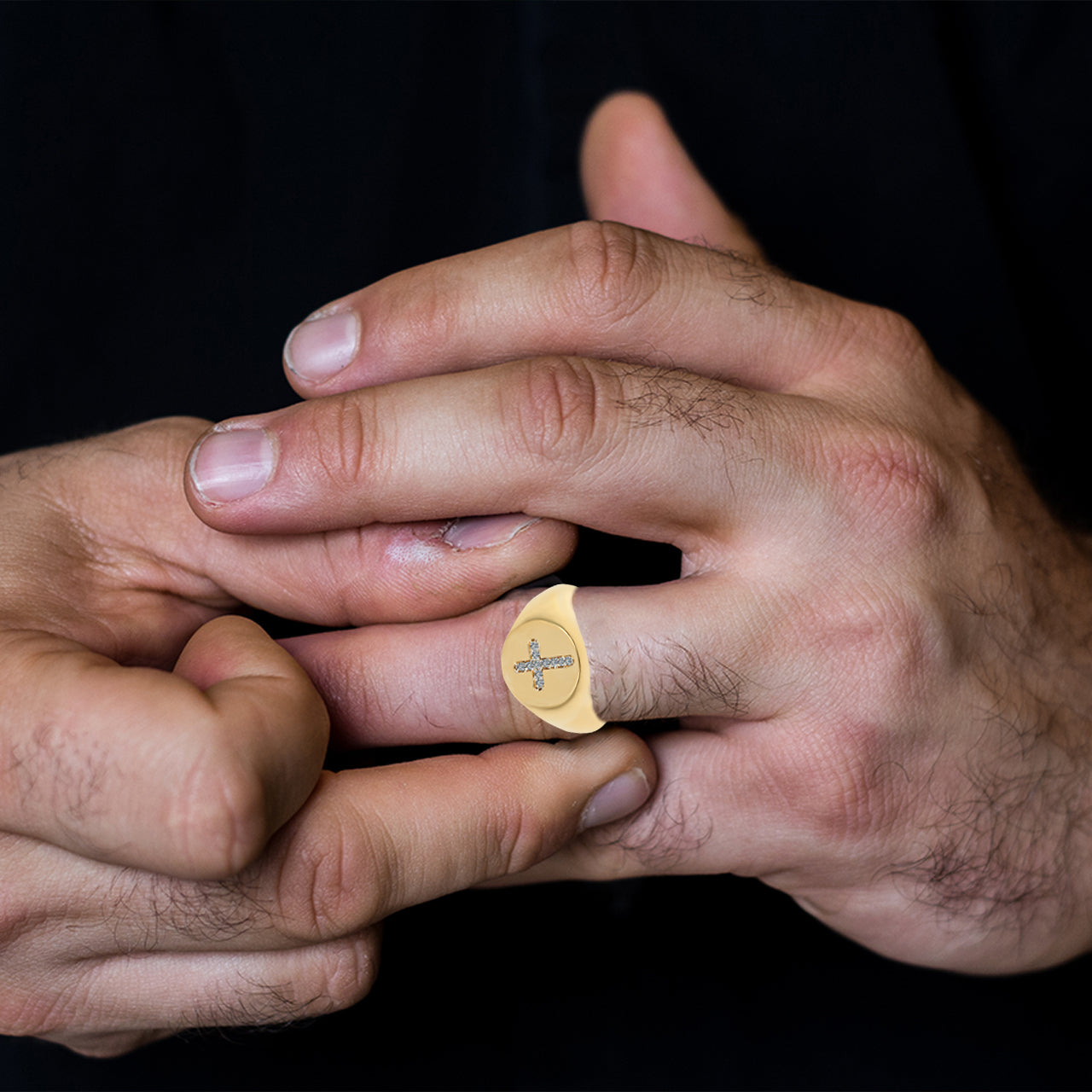 Yellow Gold Diamond Religious Cross Signet Ring, view 2