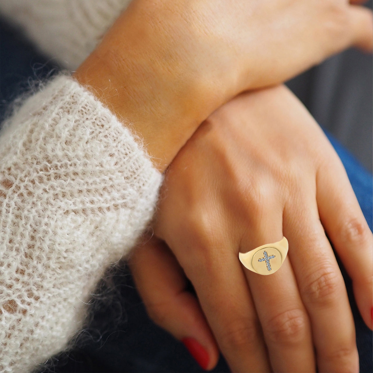 Yellow Gold Diamond Religious Cross Signet Ring, view 3