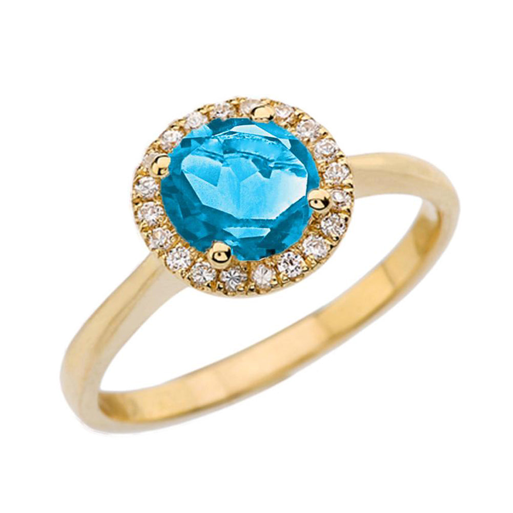 Yellow Gold Diamond Round Halo Engagement/Proposal Ring With Blue Turquoise Center Stone