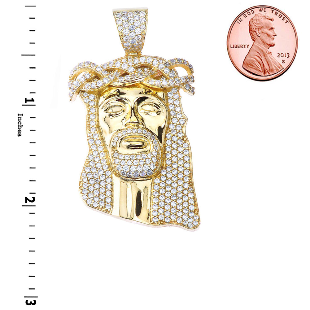 Yellow Gold Diamond Studded Jesus Christ Face Crown of Thorns Pendant Necklace (2.29"), view 3
