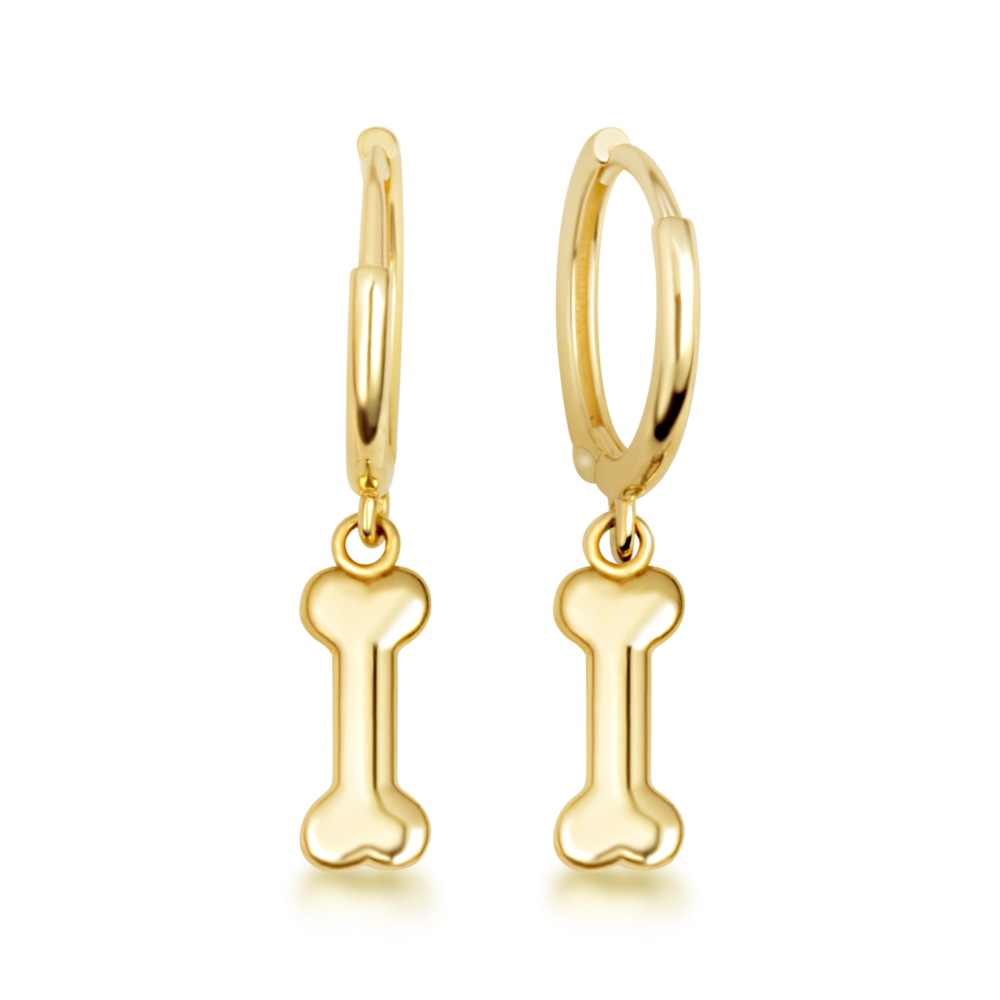 Yellow Gold Dog Bone Drop Huggie Hoop Earrings