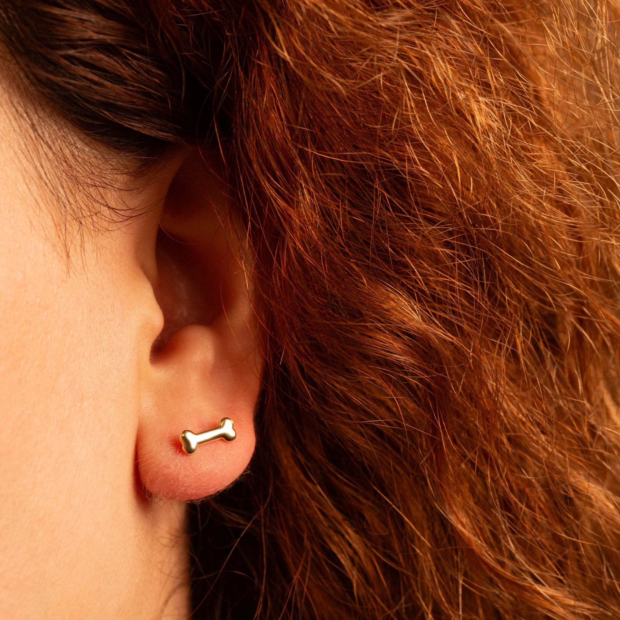Yellow Gold Dog Bone Stud Earrings, view 2
