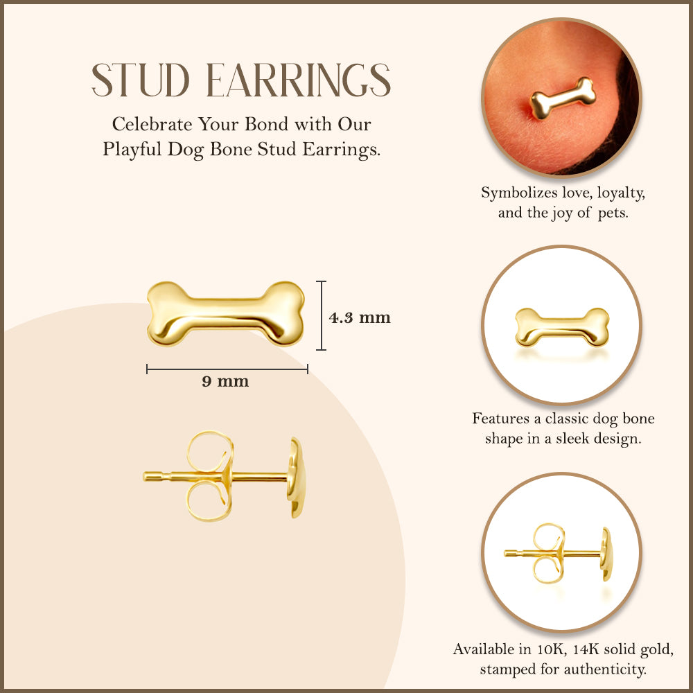 Yellow Gold Dog Bone Stud Earrings, view 3
