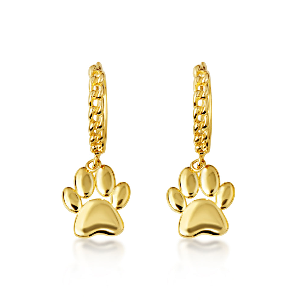 Yellow Gold Dog Paw Print Cuban Link Huggie Hoop Earrings