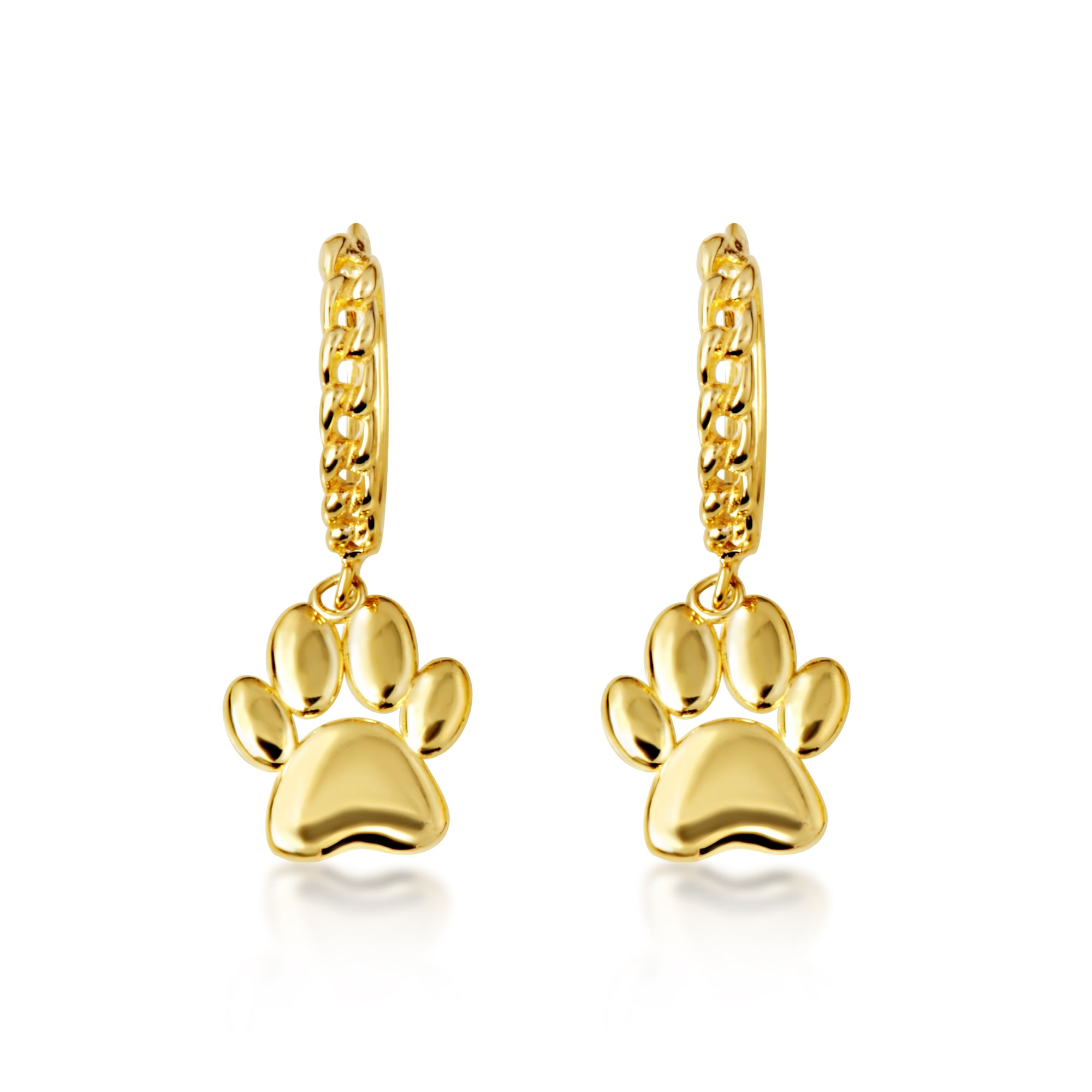 Yellow Gold Dog Paw Print Cuban Link Huggie Hoop Earrings