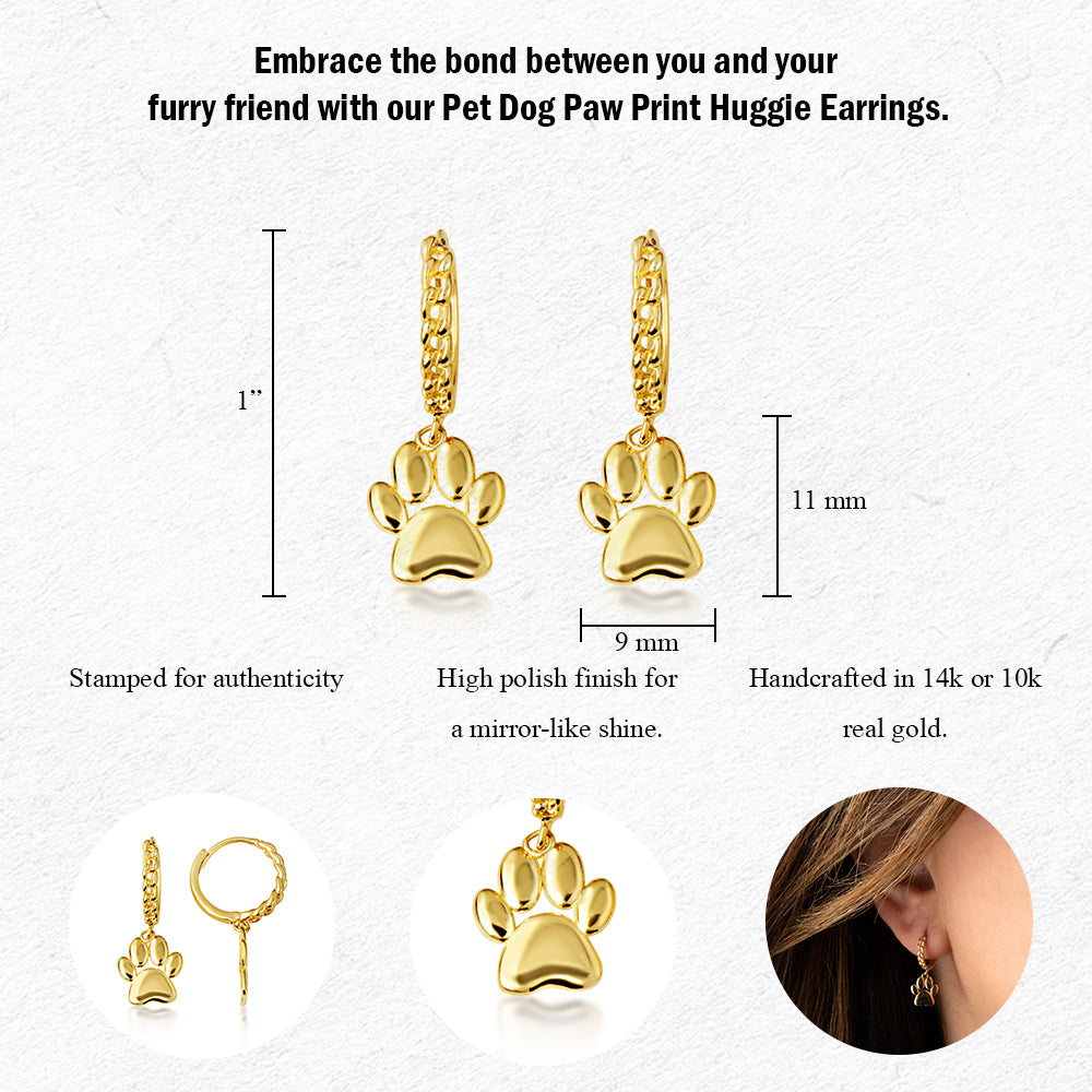 Yellow Gold Dog Paw Print Cuban Link Huggie Hoop Earrings, view 3