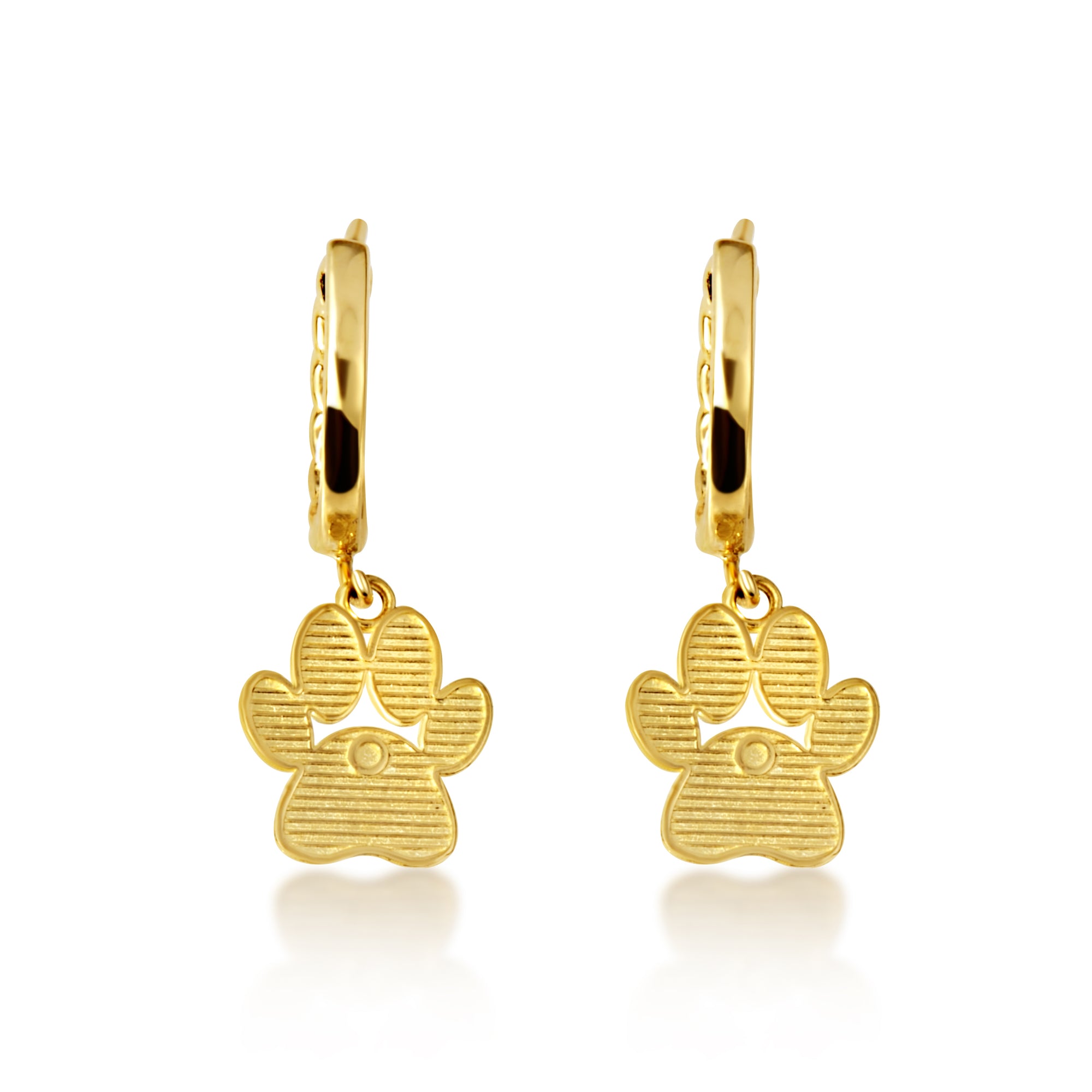Yellow Gold Dog Paw Print Cuban Link Huggie Hoop Earrings, view 4