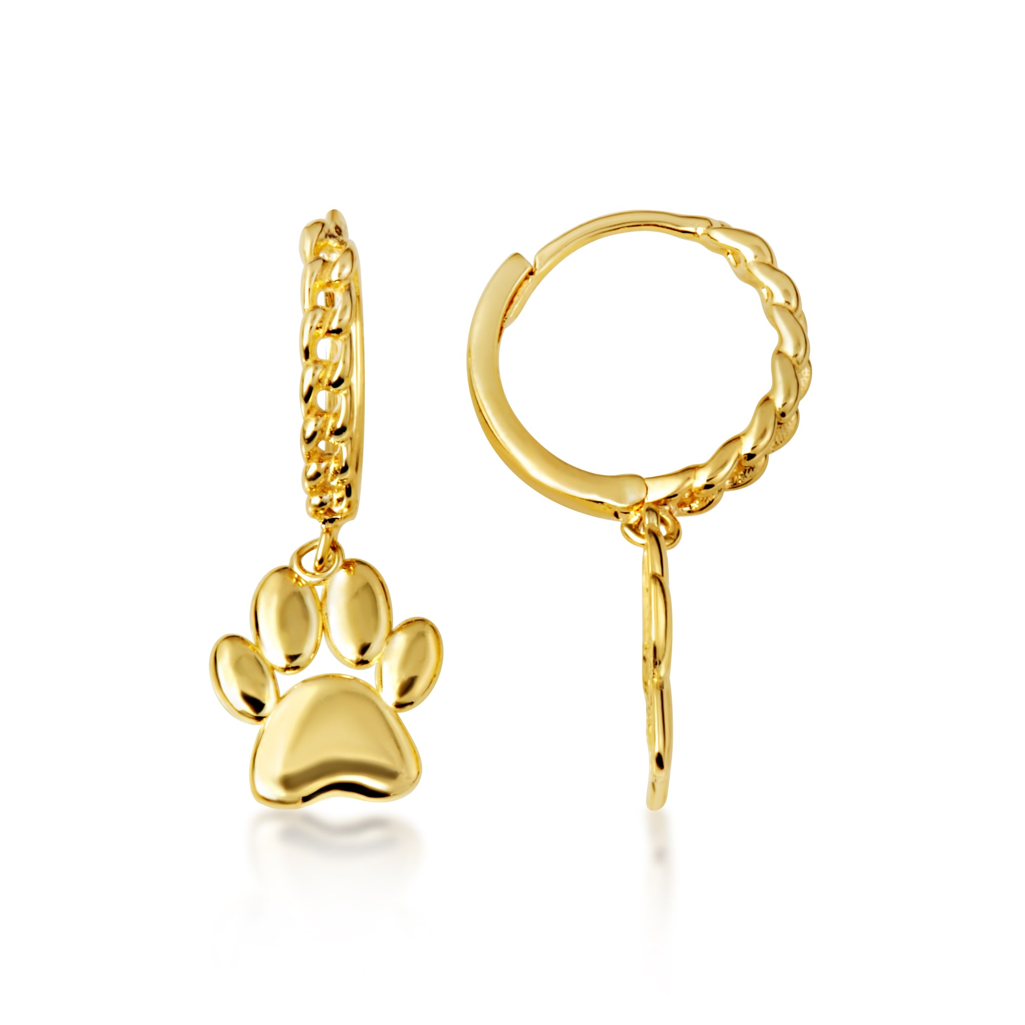 Yellow Gold Dog Paw Print Cuban Link Huggie Hoop Earrings, view 5