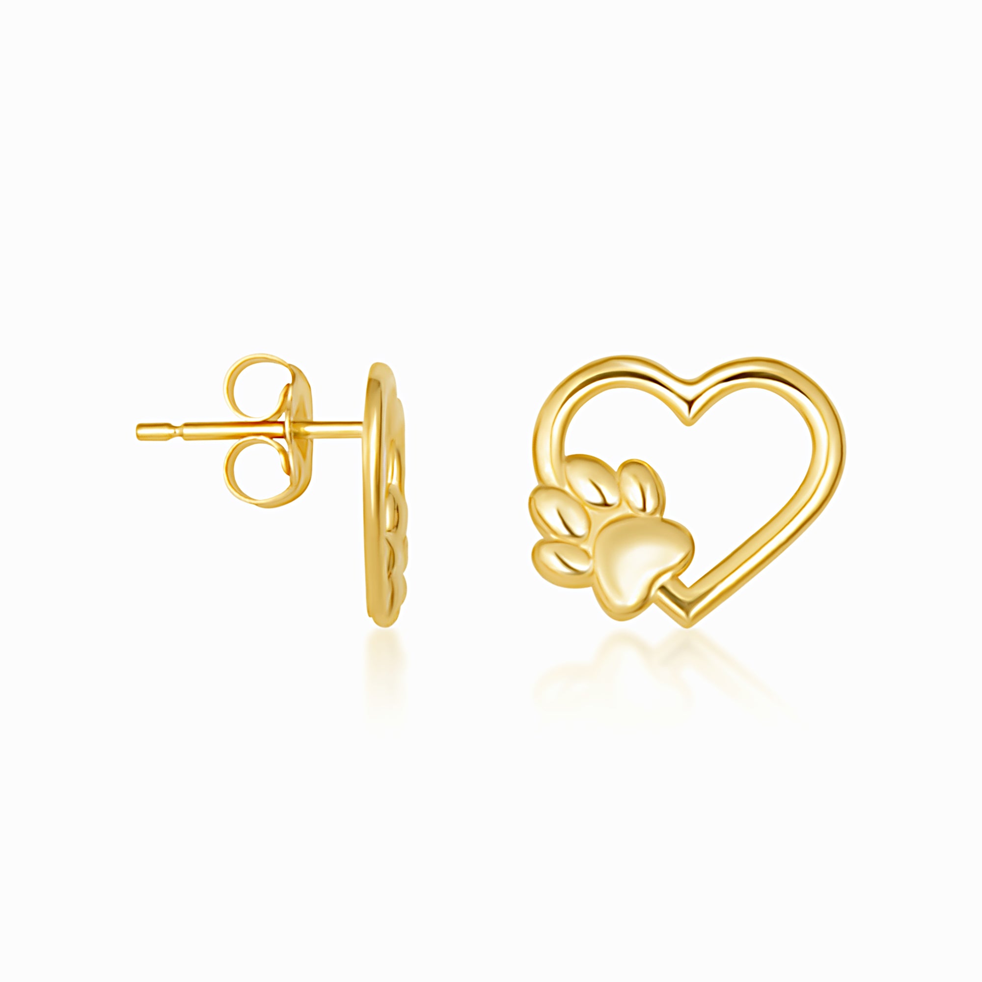Yellow Gold Dog Paw Print Heart Stud Earrings