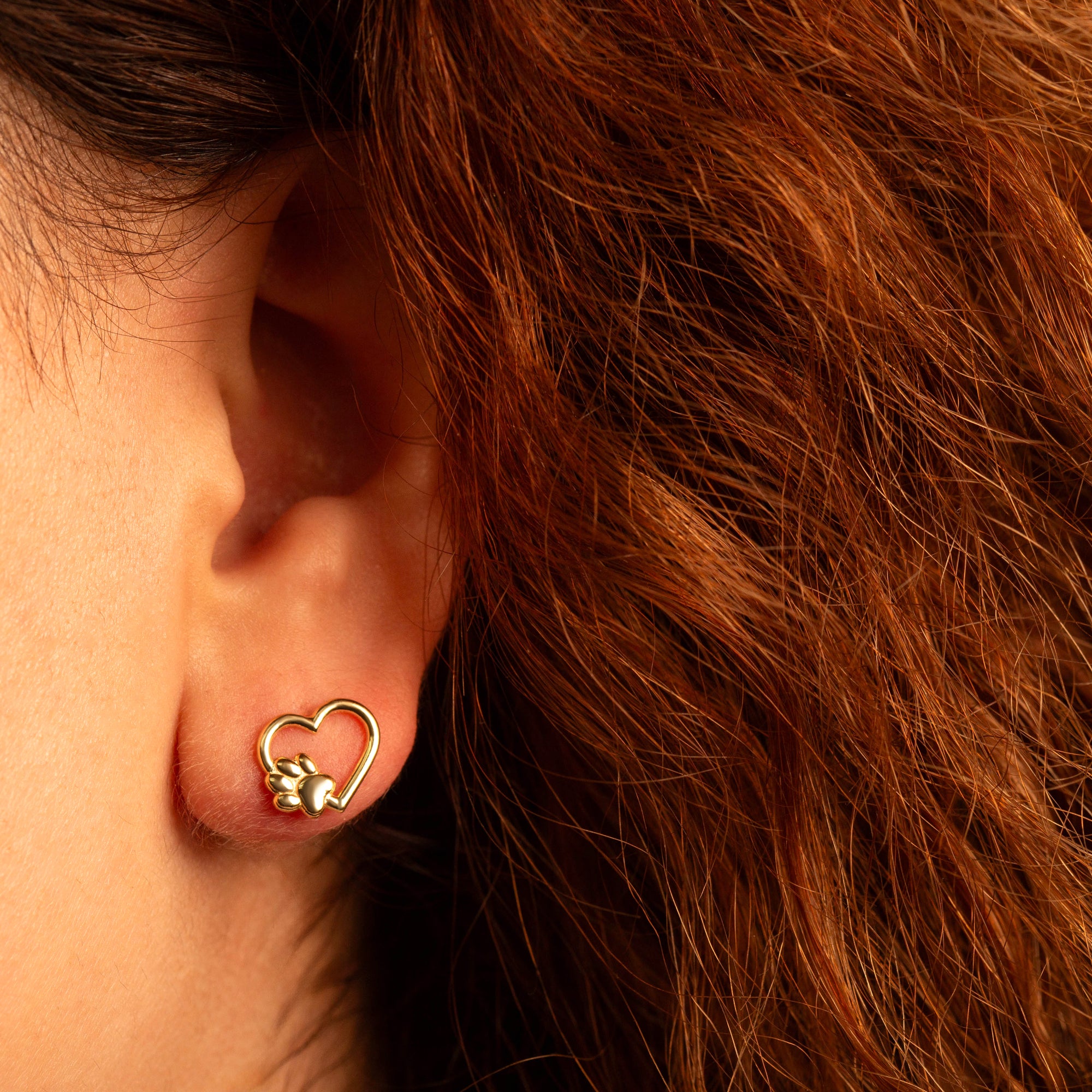 Yellow Gold Dog Paw Print Heart Stud Earrings, view 2