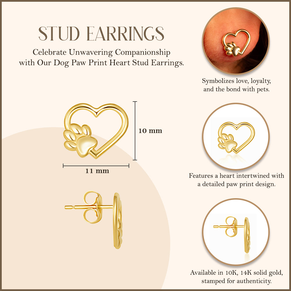 Yellow Gold Dog Paw Print Heart Stud Earrings, view 3