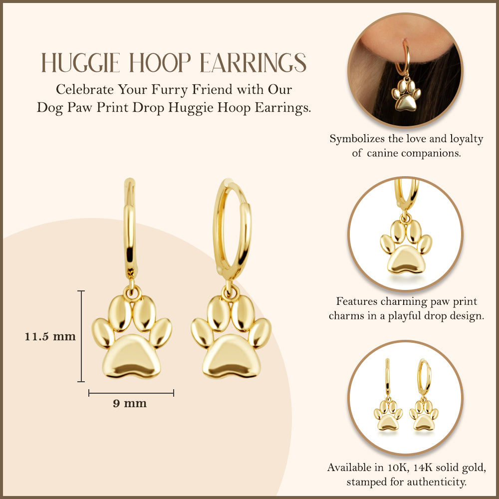 Yellow Gold Dog Paw Print Huggie Hoop Earrings, view 3