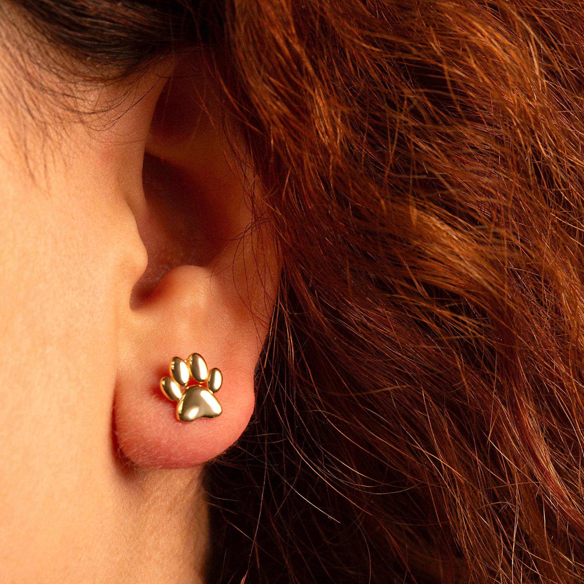 Yellow Gold Dog Paw Print Stud Earrings, view 2