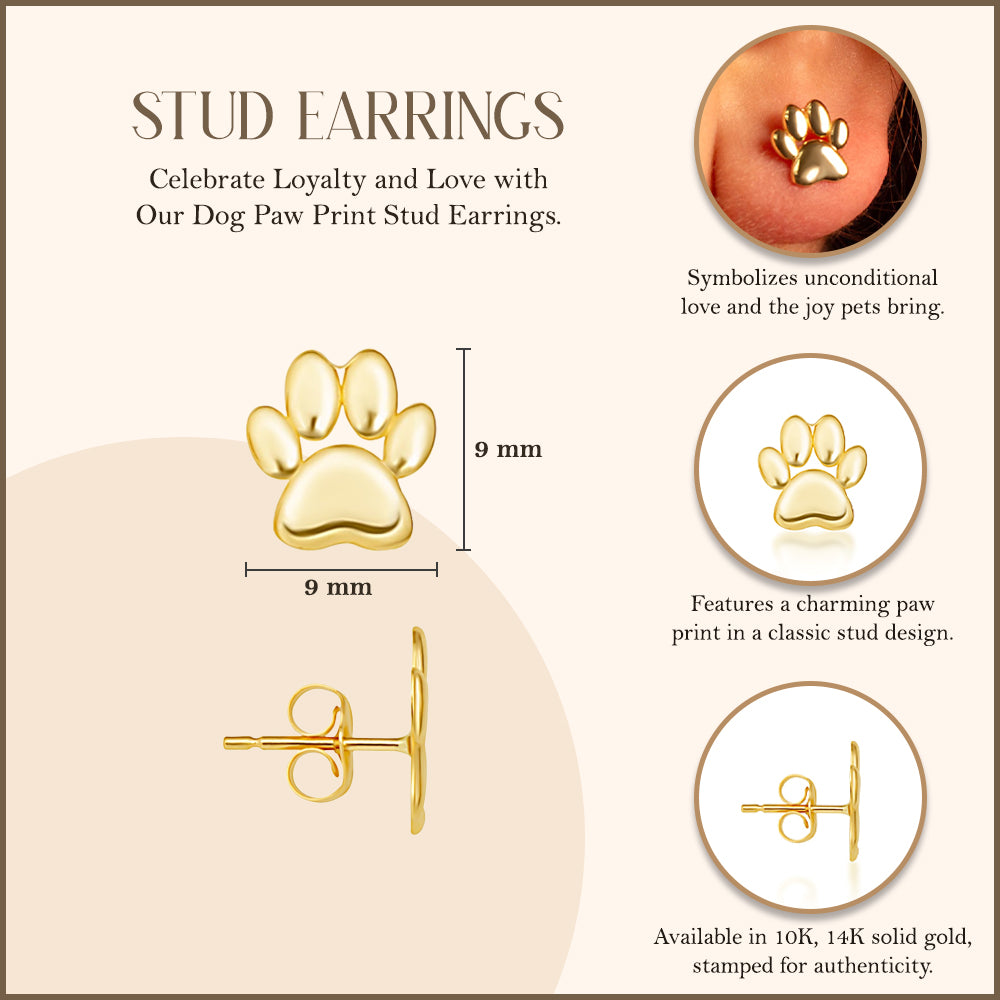 Yellow Gold Dog Paw Print Stud Earrings, view 3