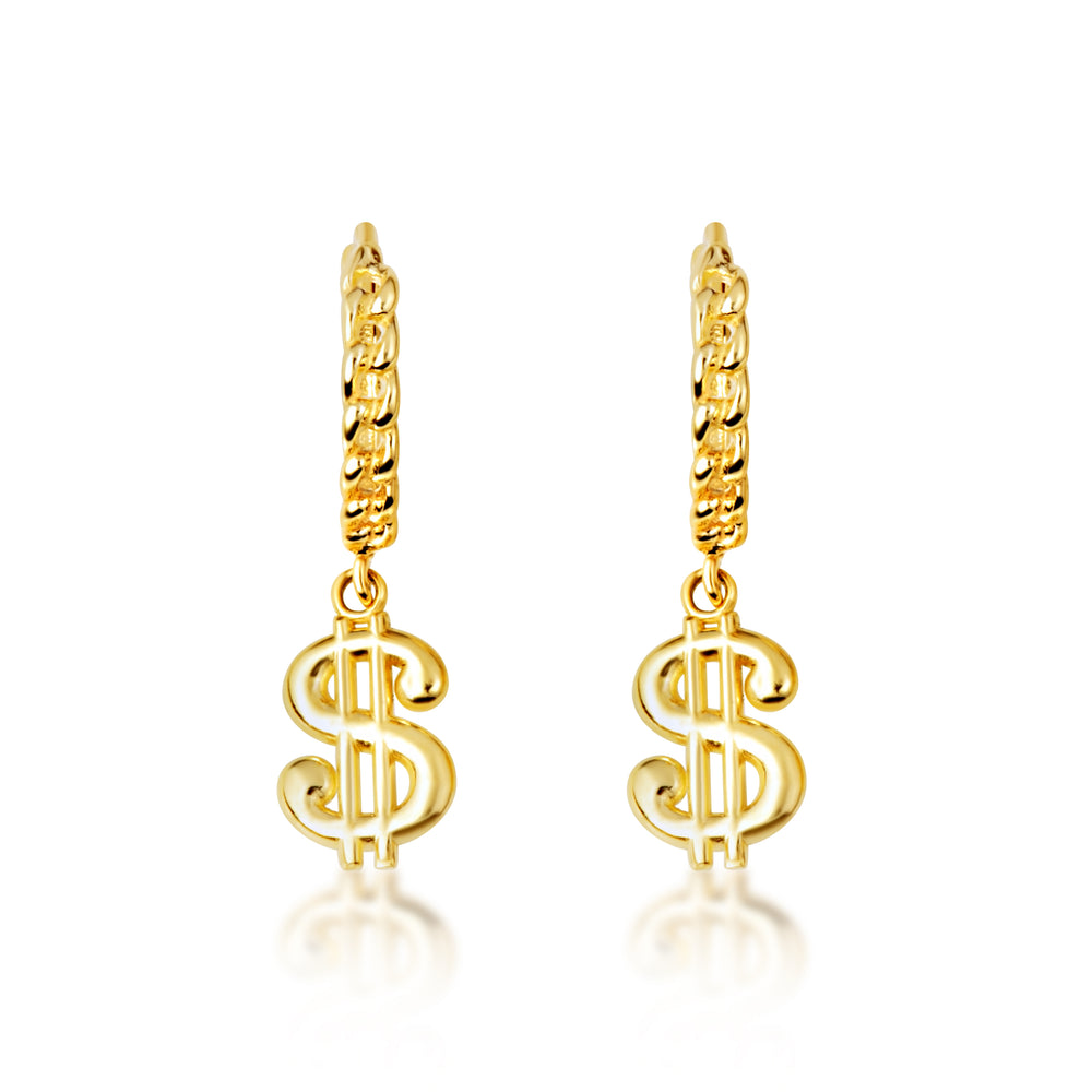 Yellow Gold Dollar Sign Cuban Link Huggie Hoop Earrings