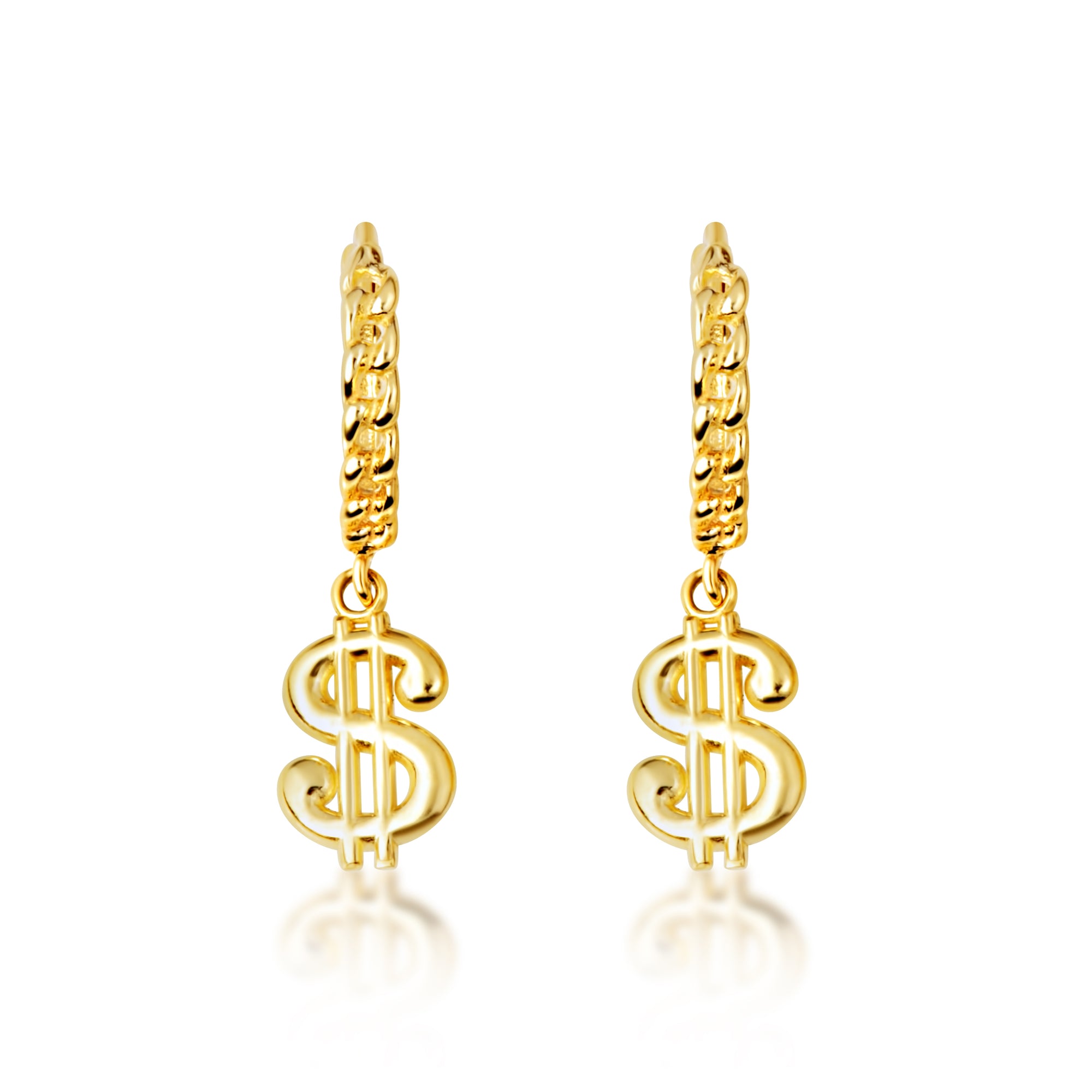 Yellow Gold Dollar Sign Cuban Link Huggie Hoop Earrings
