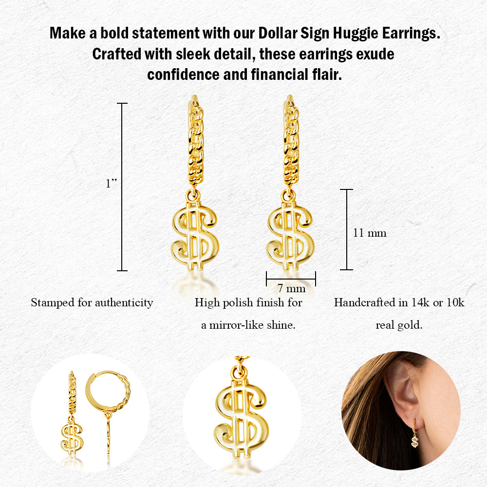 Yellow Gold Dollar Sign Cuban Link Huggie Hoop Earrings, view 3
