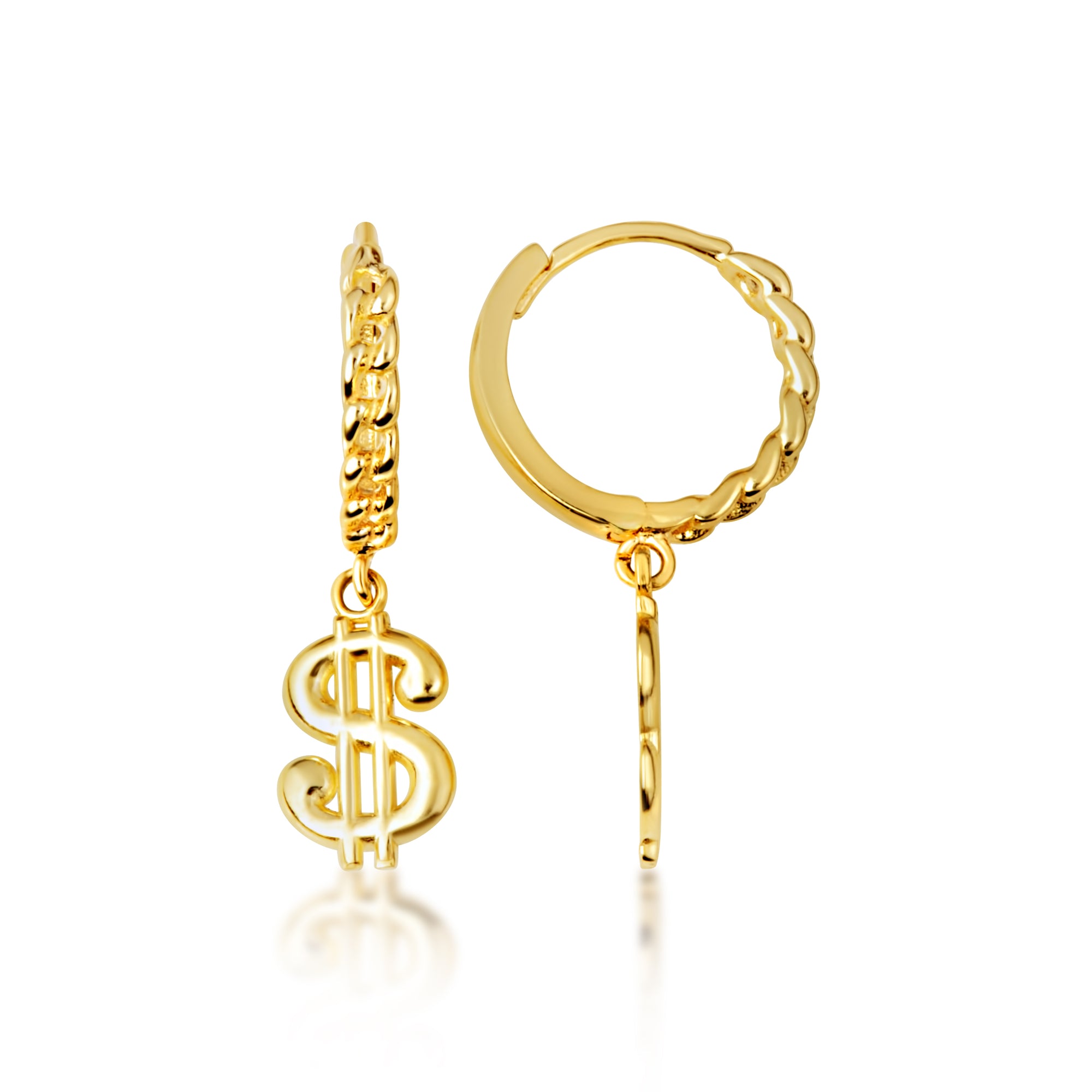 Yellow Gold Dollar Sign Cuban Link Huggie Hoop Earrings, view 4