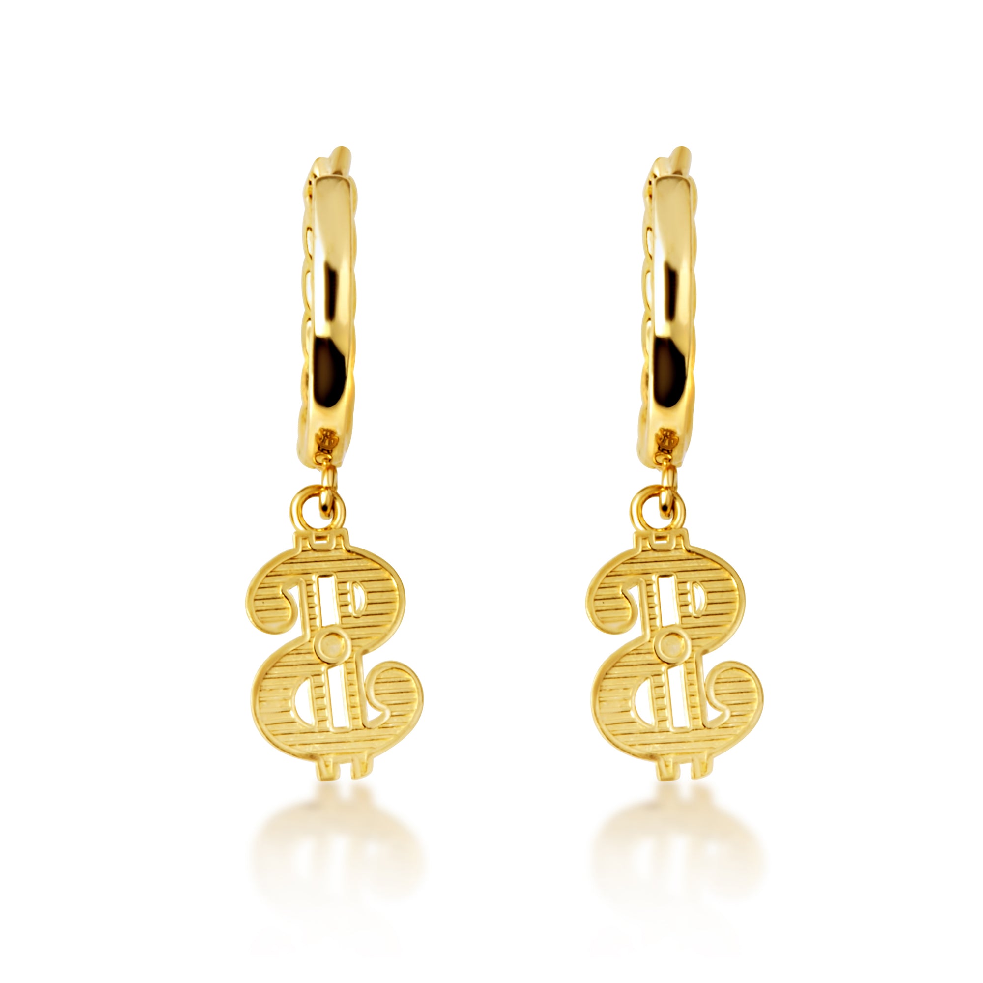 Yellow Gold Dollar Sign Cuban Link Huggie Hoop Earrings, view 5