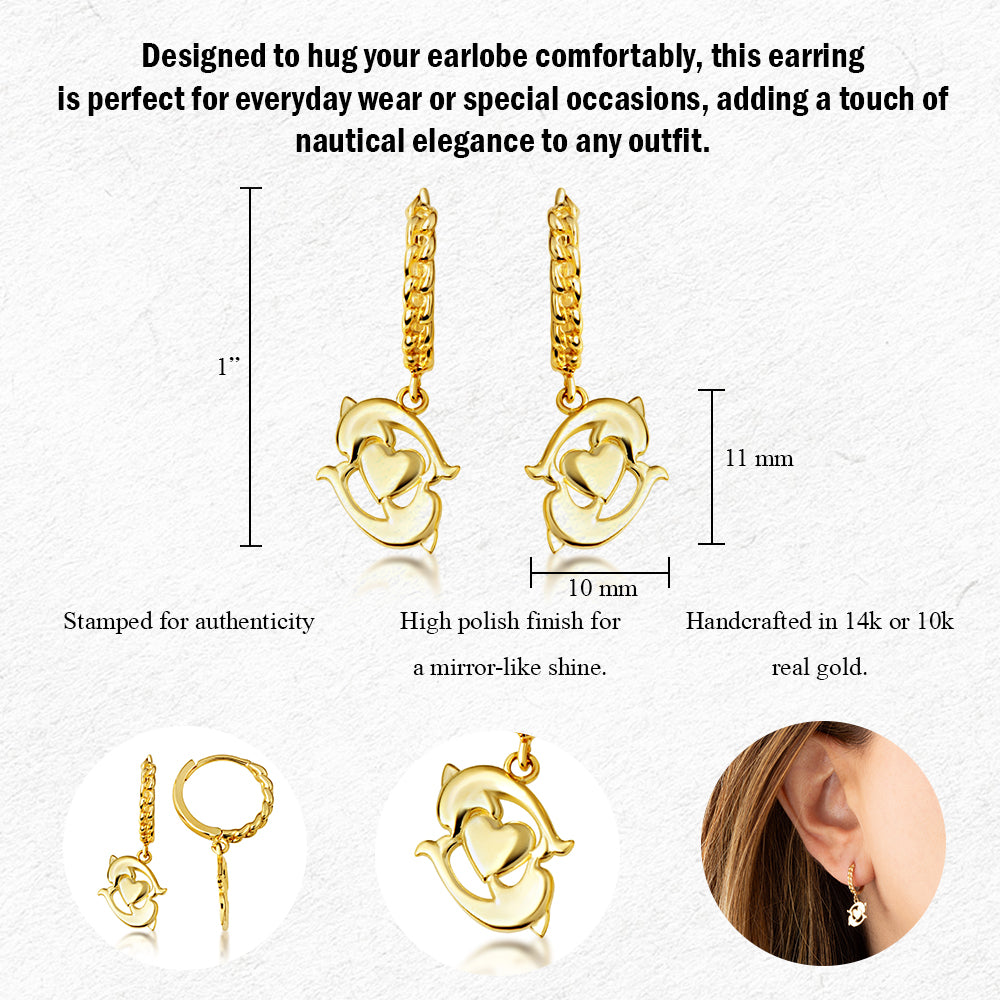 Yellow Gold Dolphin Heart Cuban Link Huggie Hoop Earrings, view 3