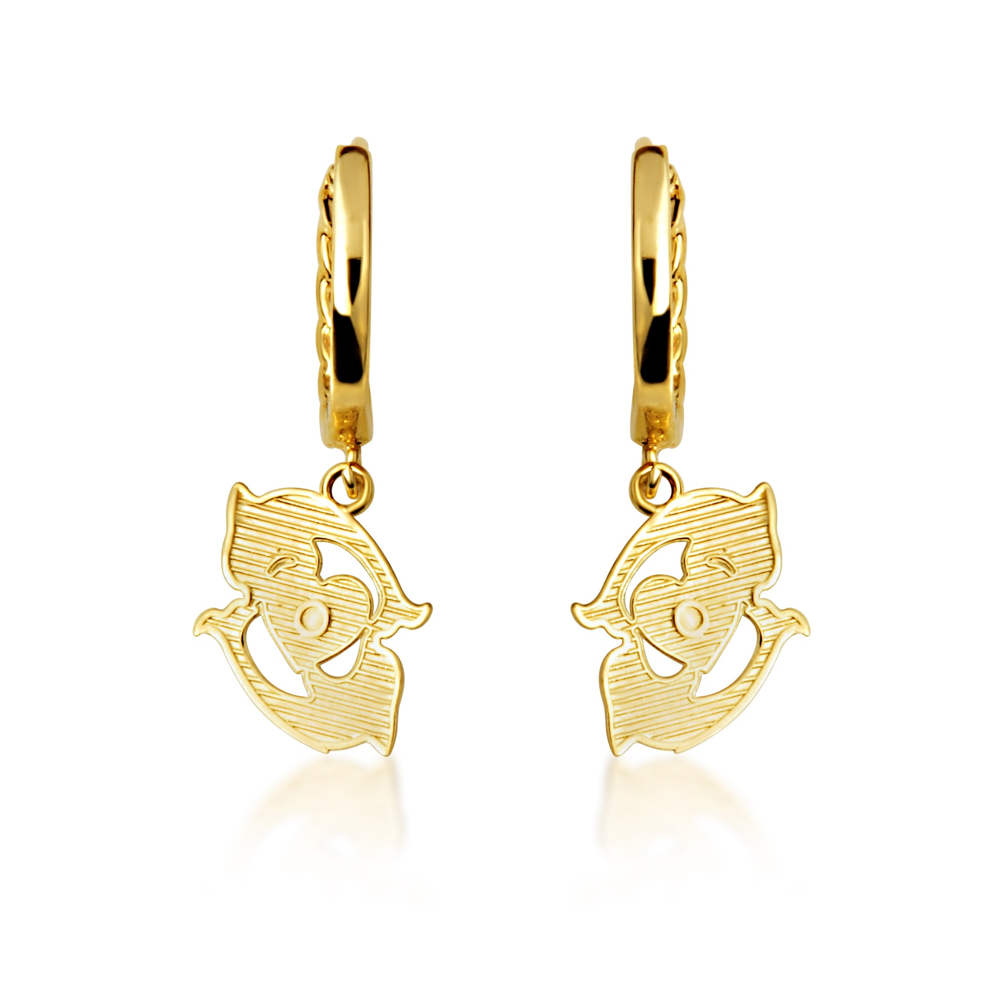 Yellow Gold Dolphin Heart Cuban Link Huggie Hoop Earrings, view 4
