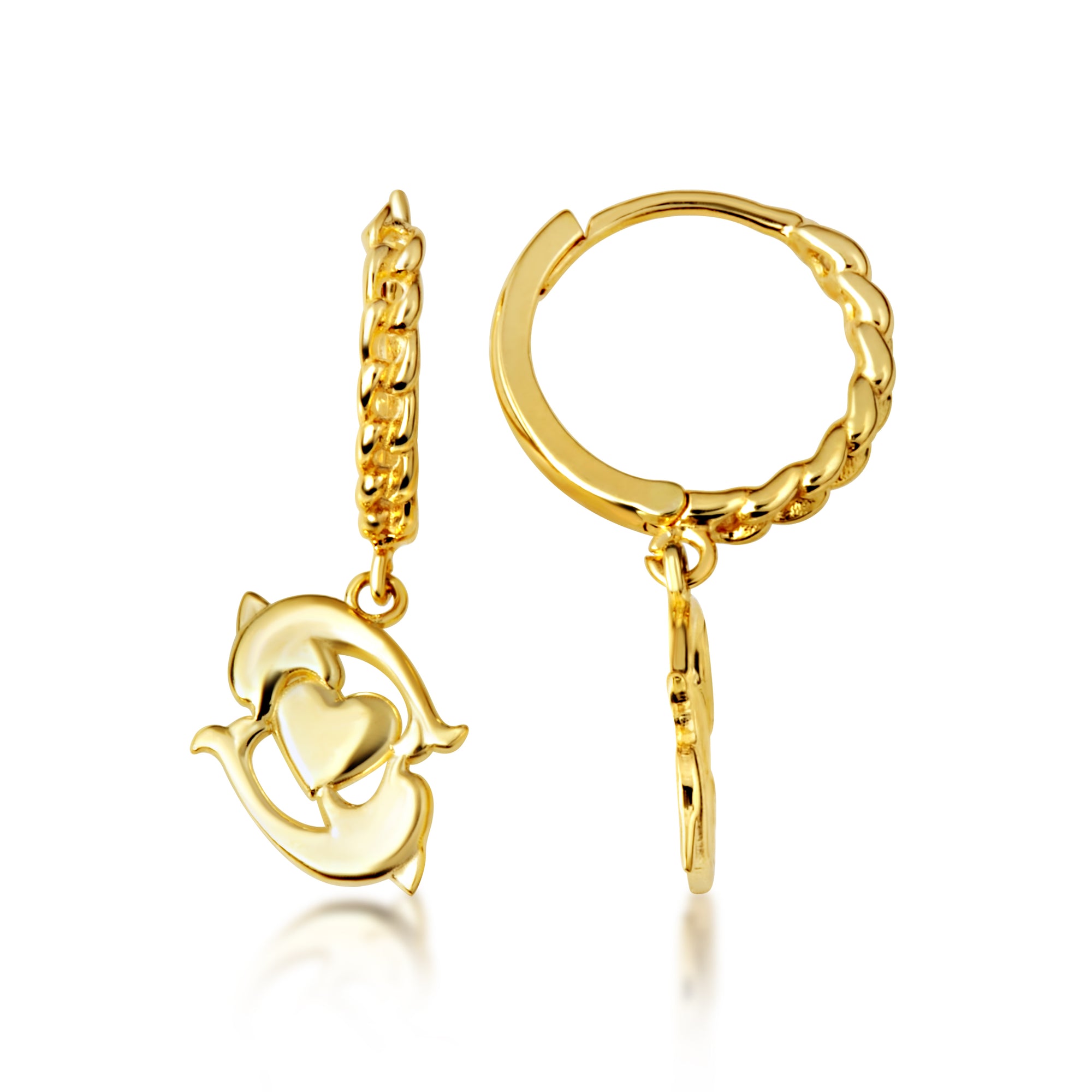 Yellow Gold Dolphin Heart Cuban Link Huggie Hoop Earrings, view 5