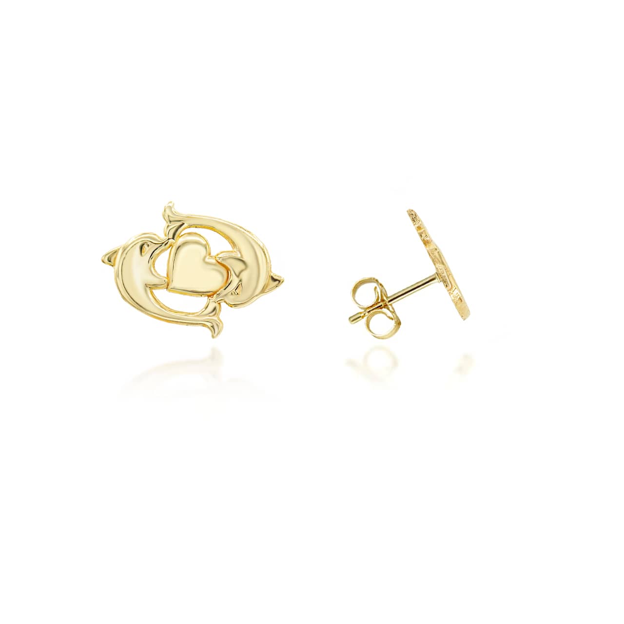 Yellow Gold Dolphin Heart Stud Earrings
