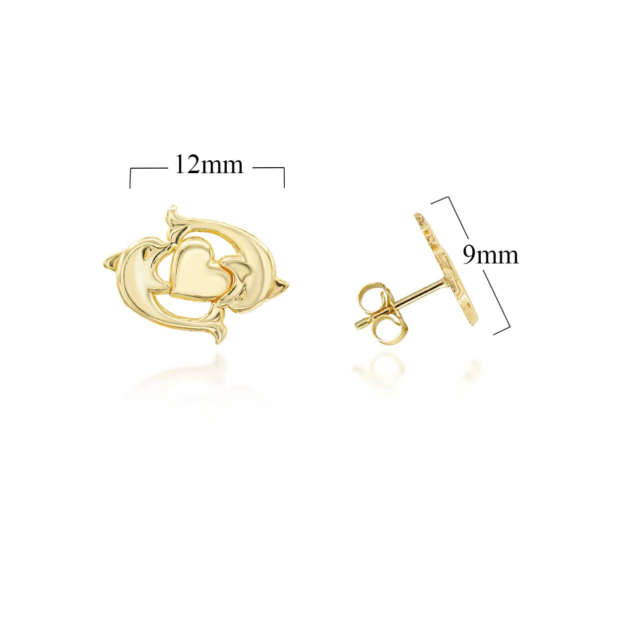 Yellow Gold Dolphin Heart Stud Earrings, view 3