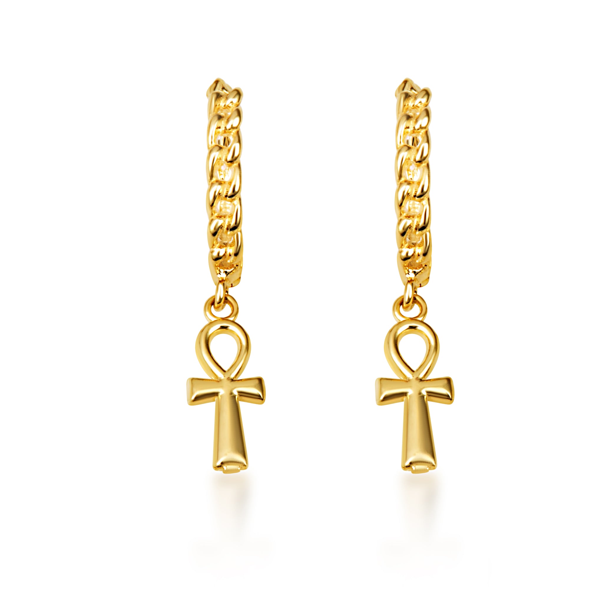 Yellow Gold Egyptian Ankh Cross Cuban Link Huggie Hoop Earrings