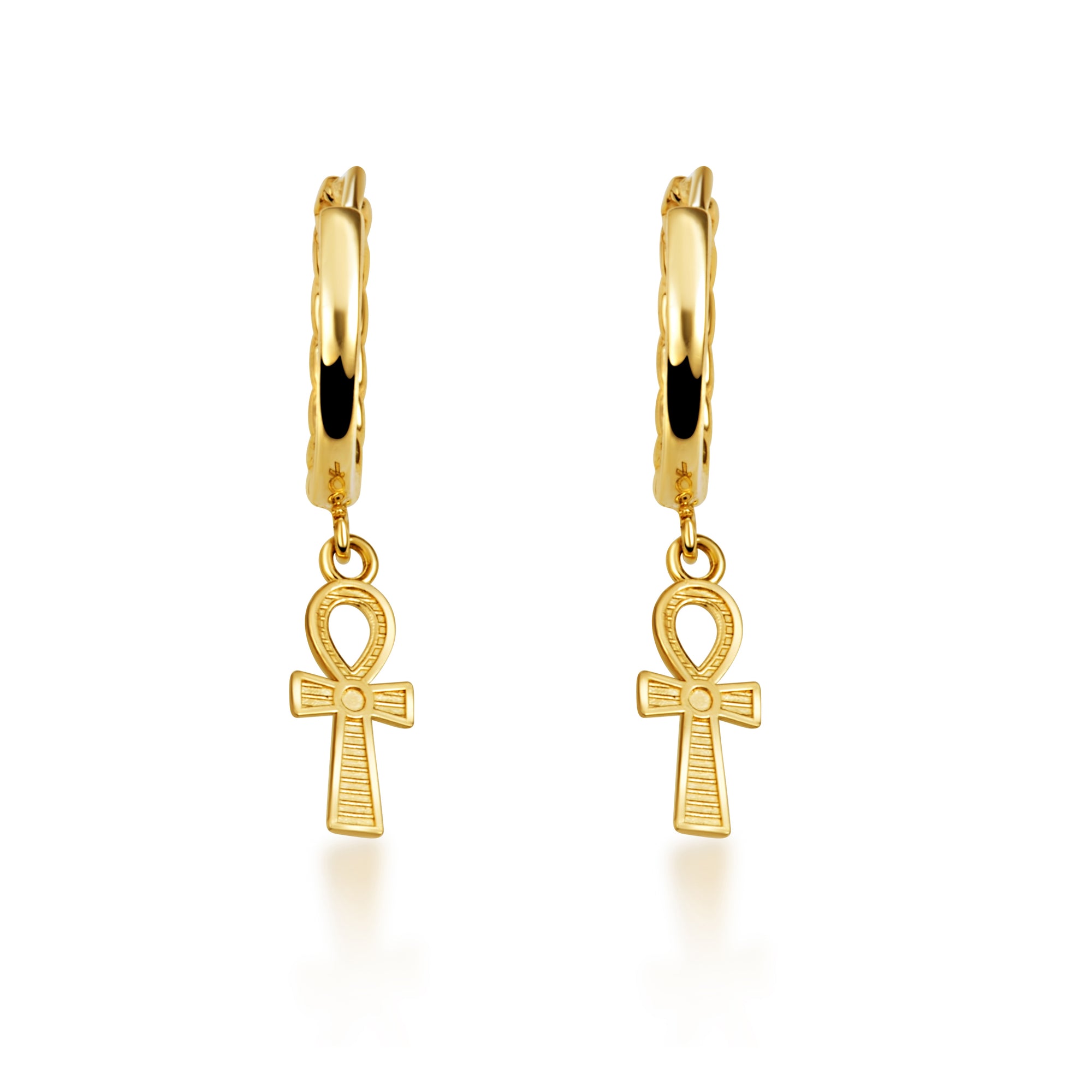 Yellow Gold Egyptian Ankh Cross Cuban Link Huggie Hoop Earrings, view 4