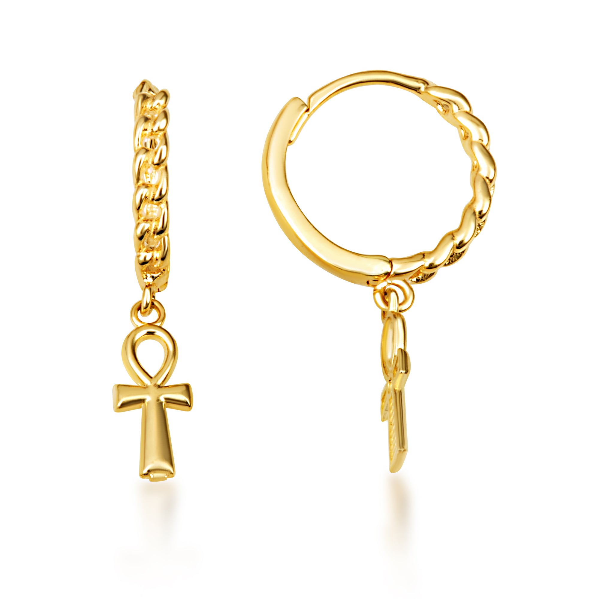 Yellow Gold Egyptian Ankh Cross Cuban Link Huggie Hoop Earrings, view 5