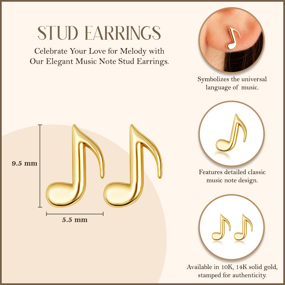 Yellow Gold Eighth Music Note Stud Earrings, view 3