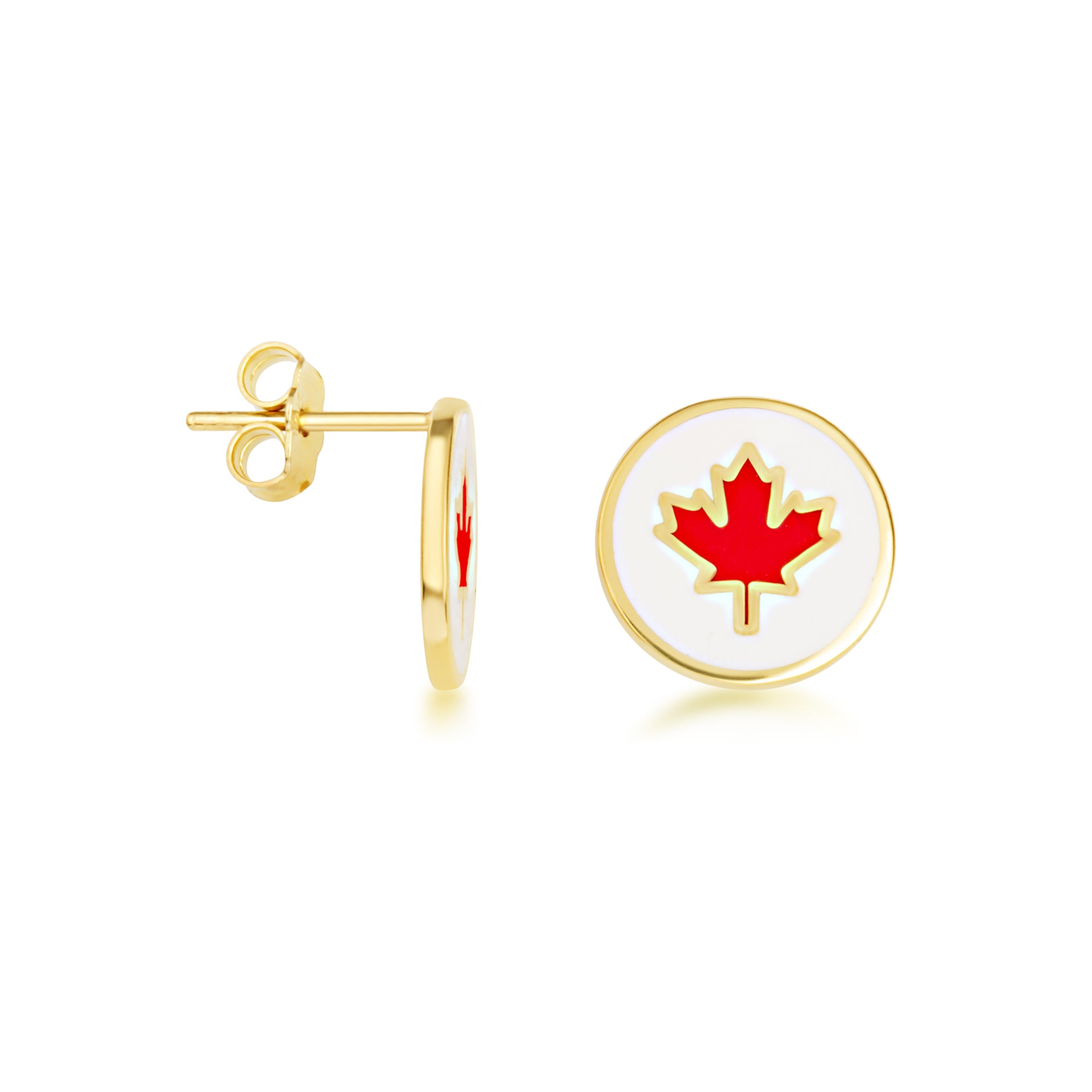 Yellow Gold Enamel Canadian Maple Leaf Stud Earrings