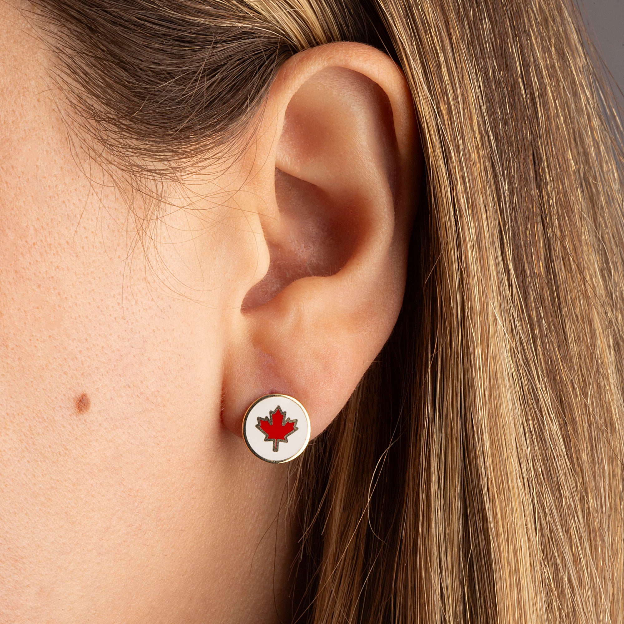 Yellow Gold Enamel Canadian Maple Leaf Stud Earrings, view 2