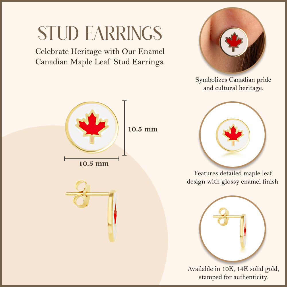 Yellow Gold Enamel Canadian Maple Leaf Stud Earrings, view 3