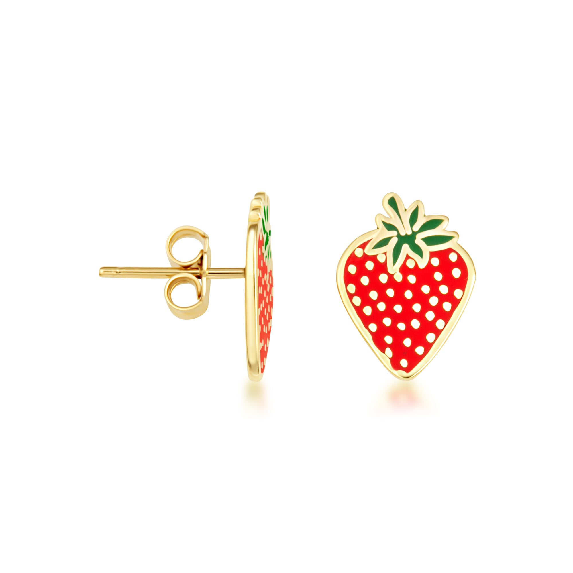 Yellow Gold Enamel Strawberry Fruit Stud Earrings