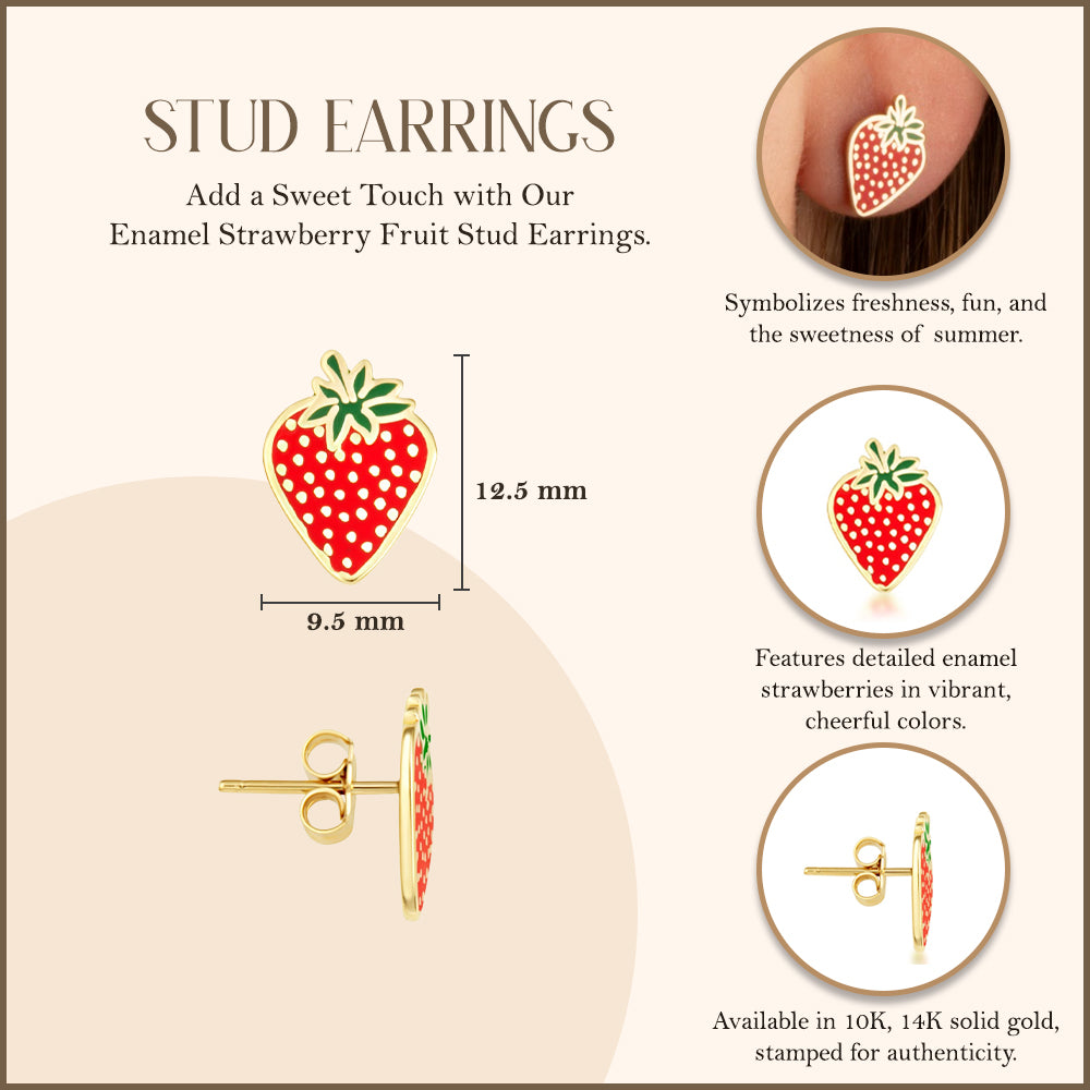 Yellow Gold Enamel Strawberry Fruit Stud Earrings, view 3