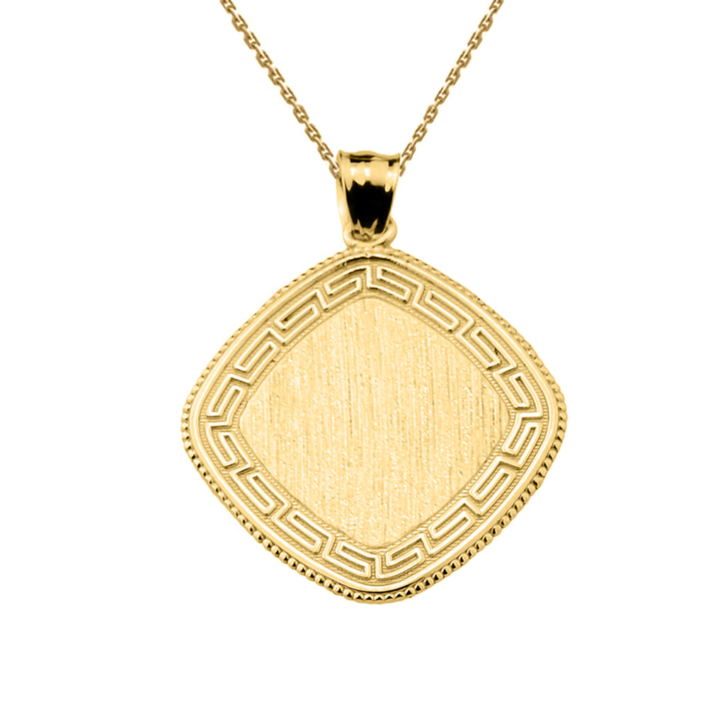 Yellow Gold Engravable Greek Key Milgrain Medallion Pendant Necklace