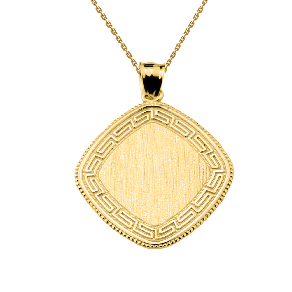 Yellow Gold Engravable Greek Key Milgrain Medallion Pendant Necklace
