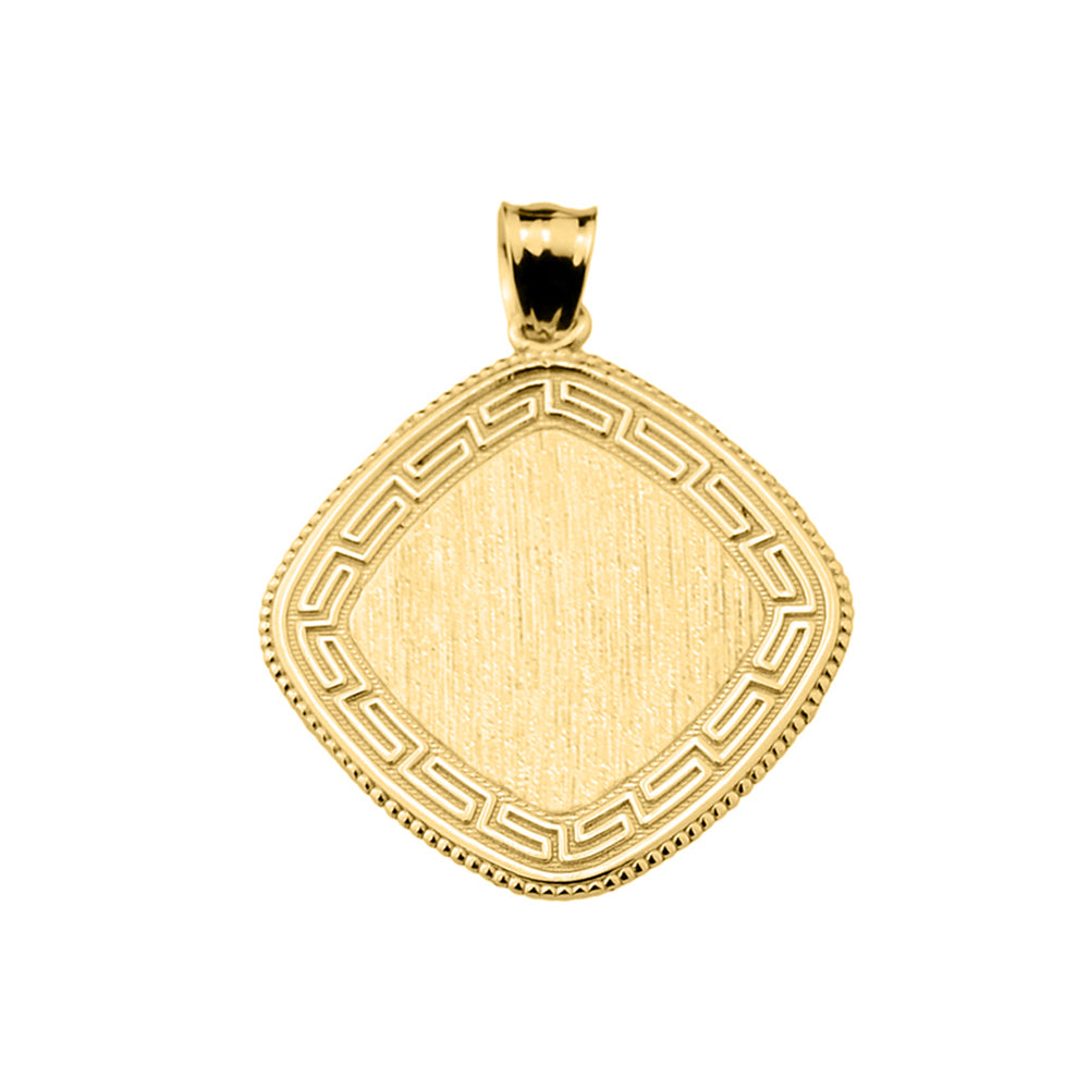 Yellow Gold Engravable Greek Key Milgrain Medallion Pendant Necklace, view 2