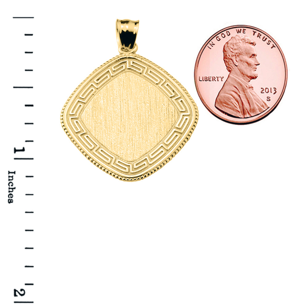 Yellow Gold Engravable Greek Key Milgrain Medallion Pendant Necklace, view 3