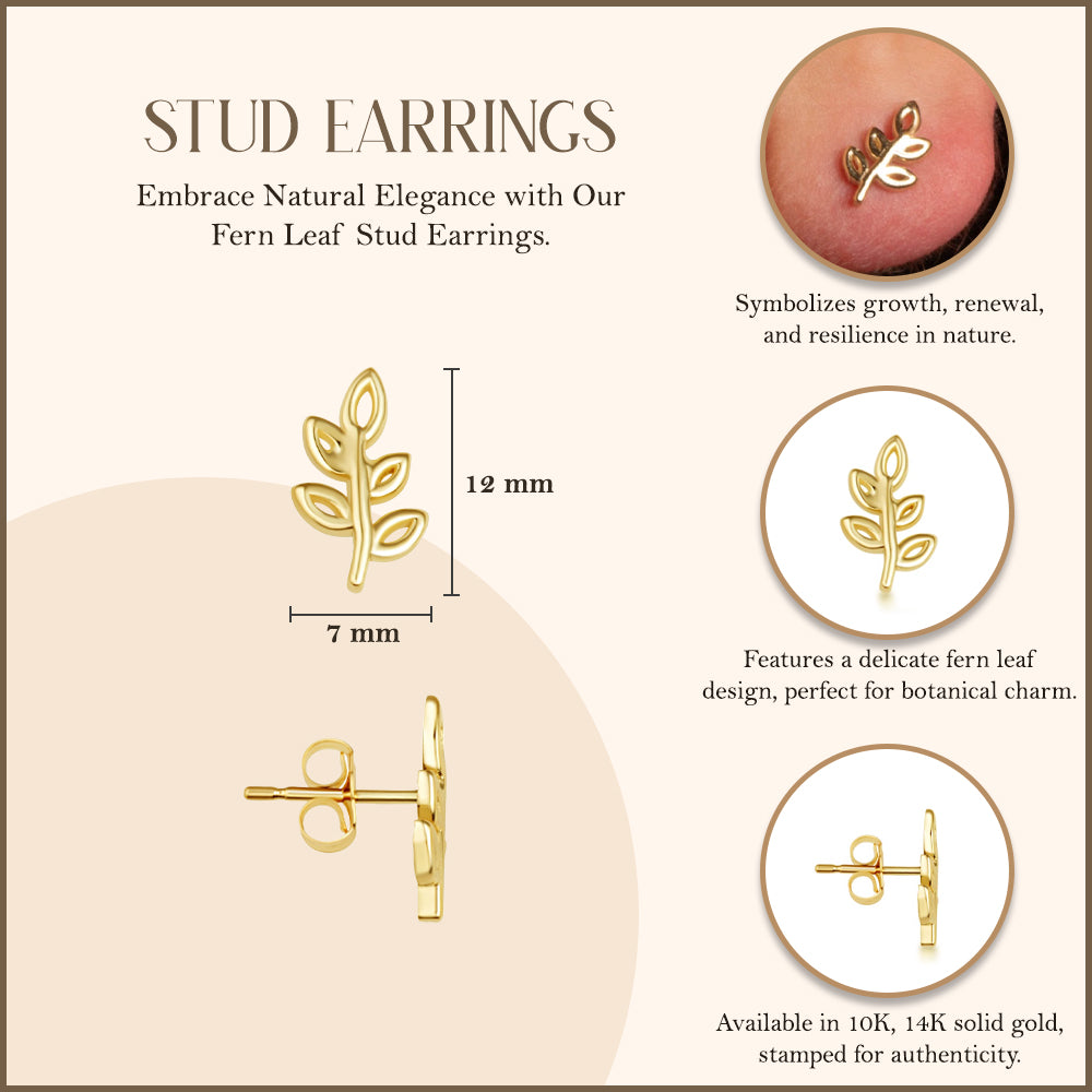 Yellow Gold Fern Leaf Stud Earrings, view 3