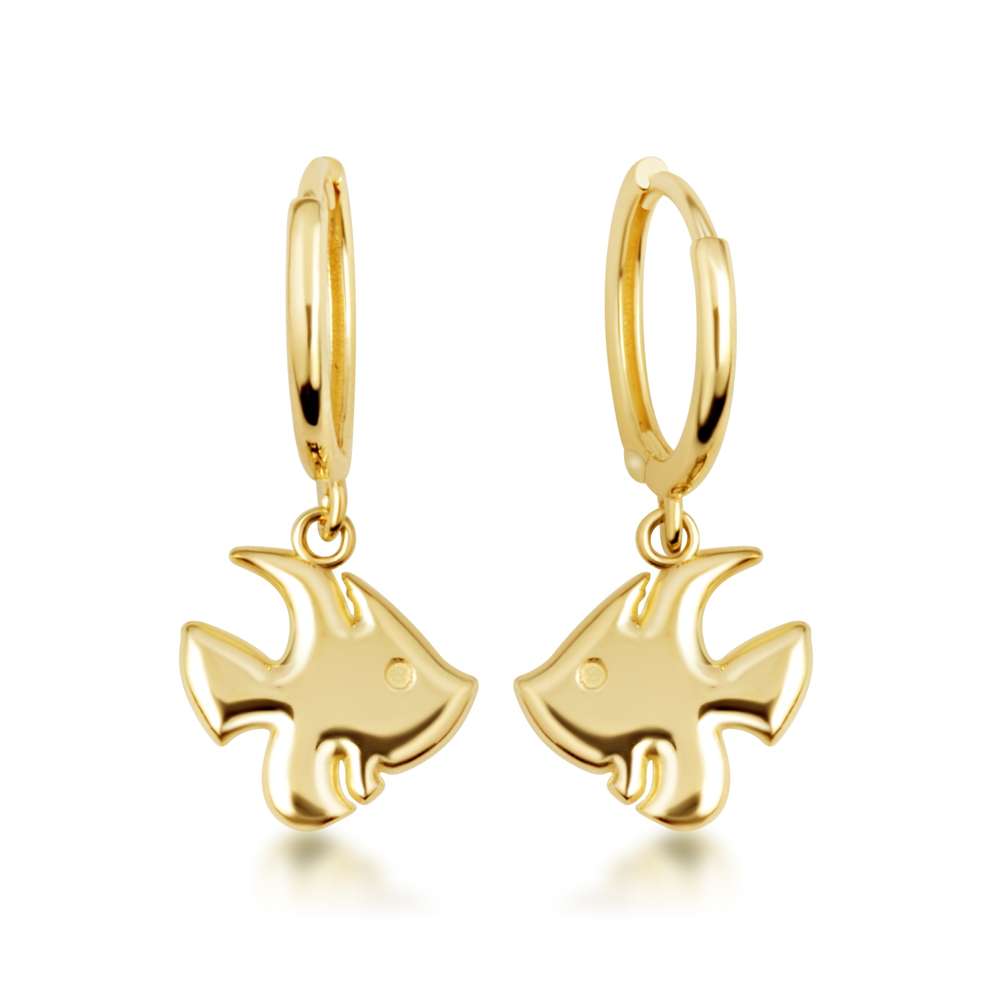 Yellow Gold Fish Drop Huggie Hoop Earrings