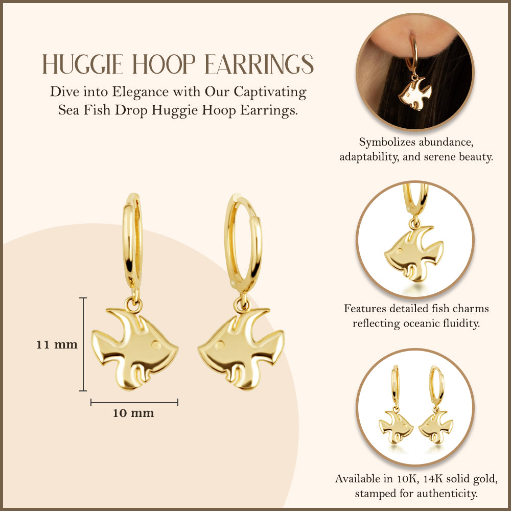 Yellow Gold Fish Drop Huggie Hoop Earrings, view 3