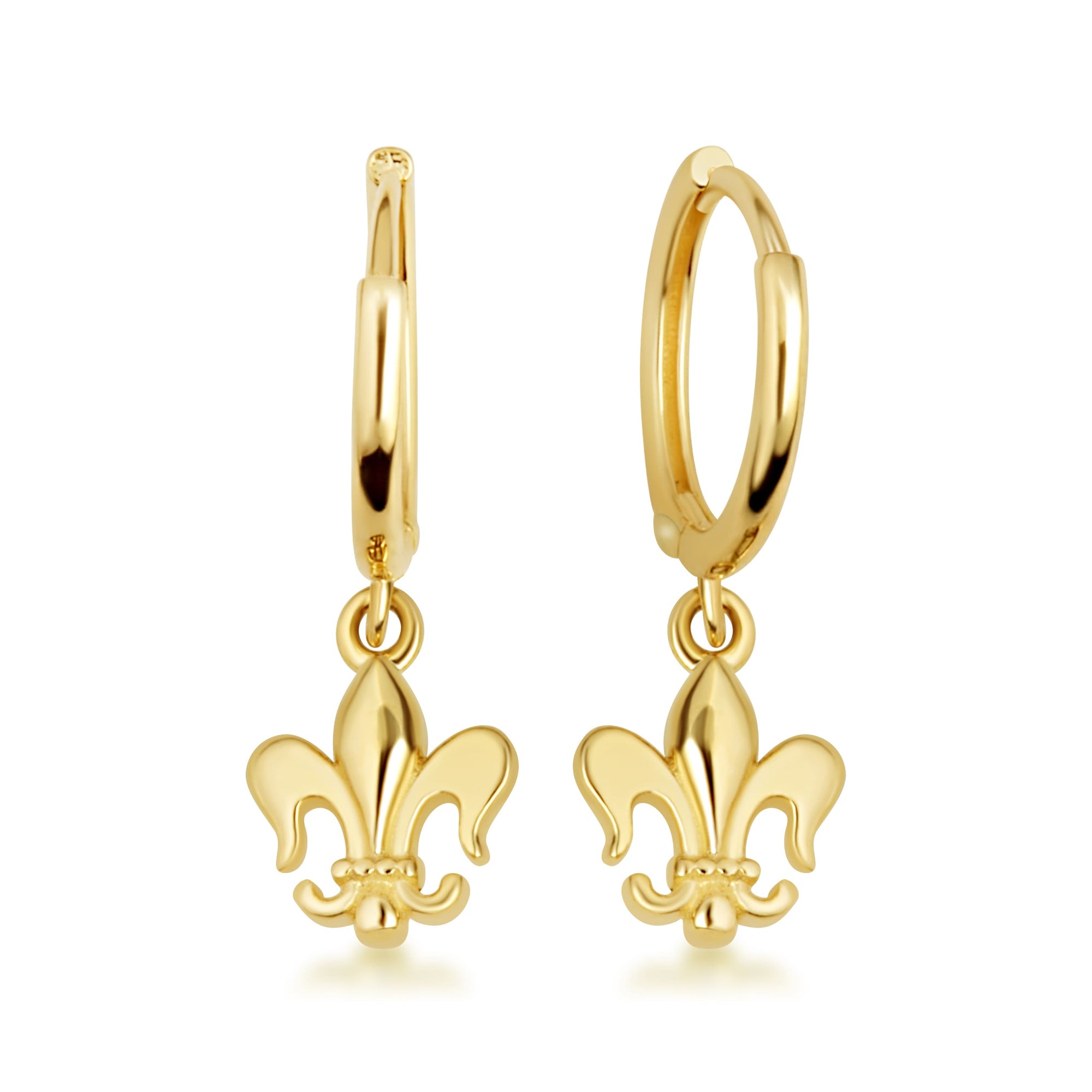 Yellow Gold Fleur-de-Lis French Drop Huggie Hoop Earrings