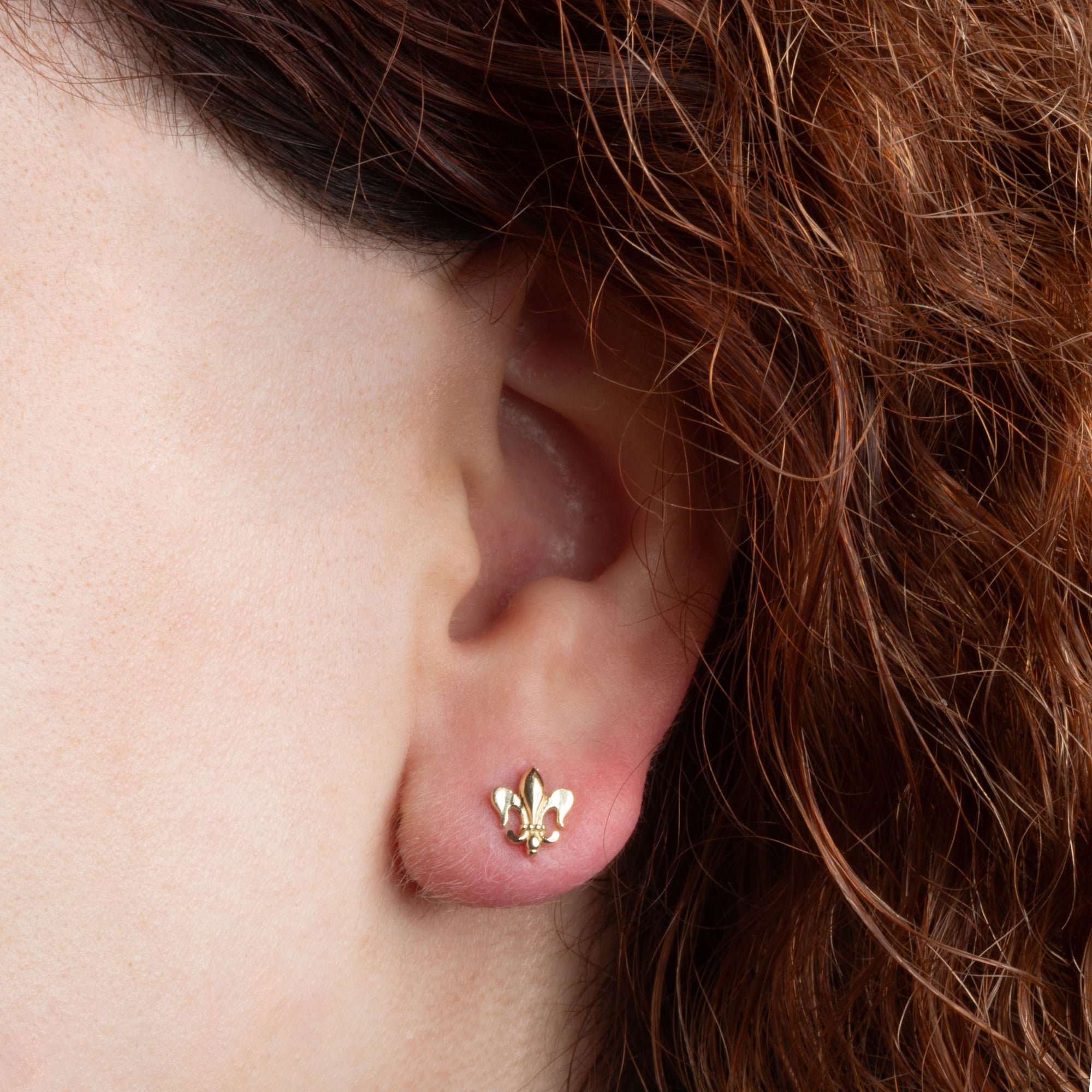 Yellow Gold Fleur-de-Lis French Stud Earrings, view 2