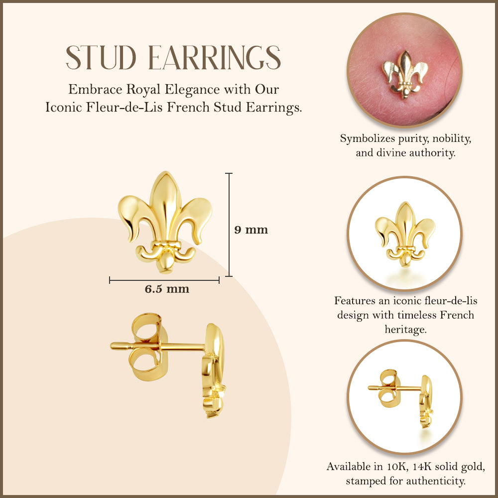 Yellow Gold Fleur-de-Lis French Stud Earrings, view 3