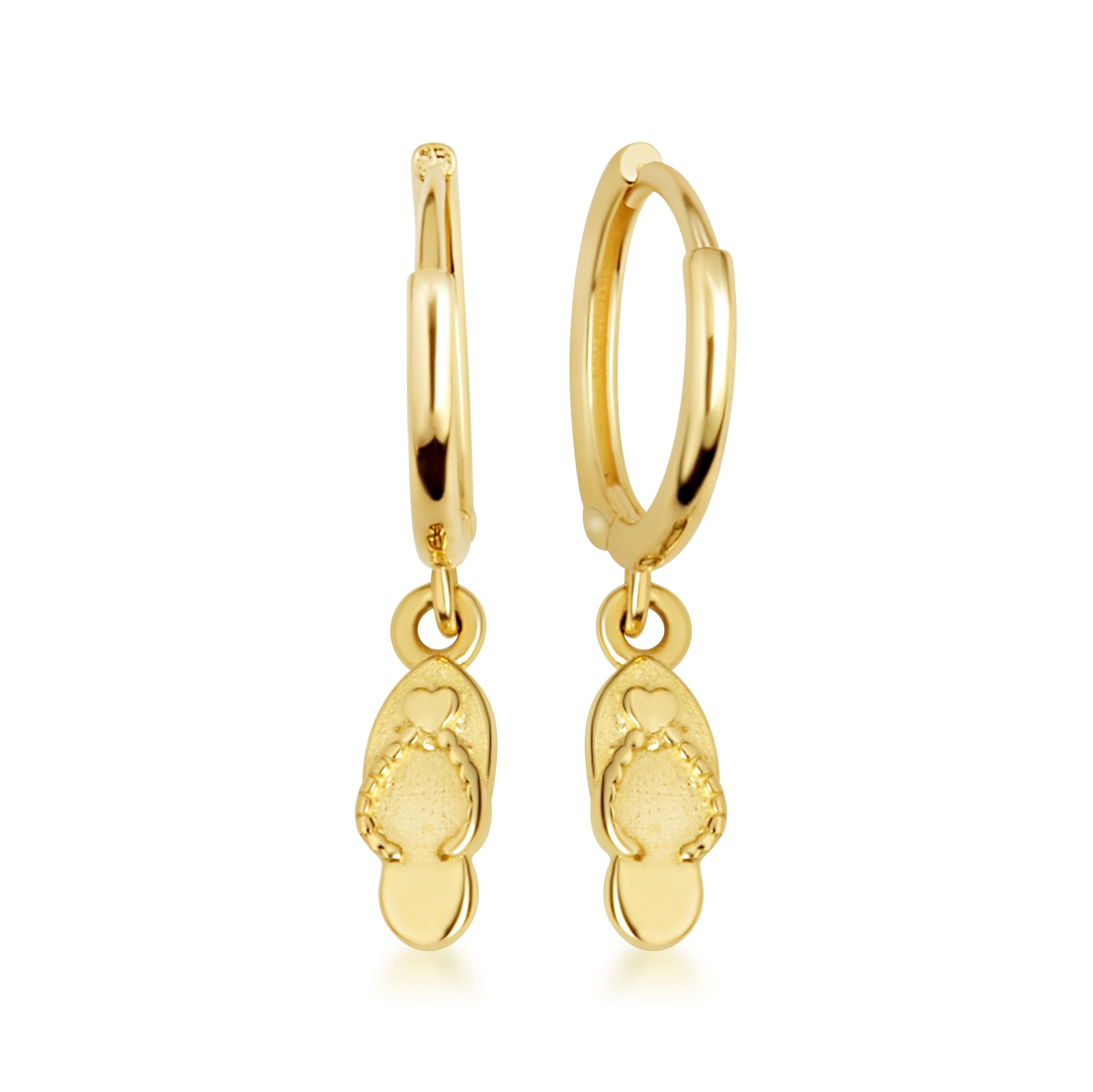 Yellow Gold Flip Flop Beach Sandals Drop Huggie Hoop Earrings