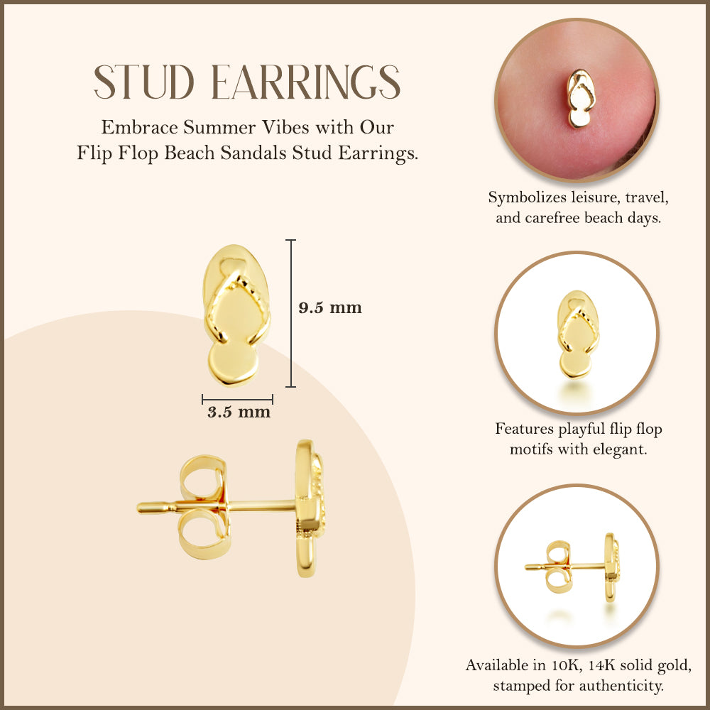 Yellow Gold Flip Flop Beach Sandals Stud Earrings, view 3